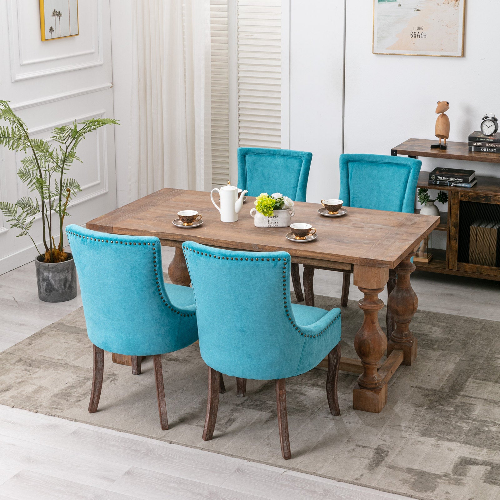 Ultra Side Dining Chair Thickened Fabric Chairs With Neutrally Toned Solid Wood Legs Bronze Nail Head Set Of 2 Blue Blue Foam Fabric