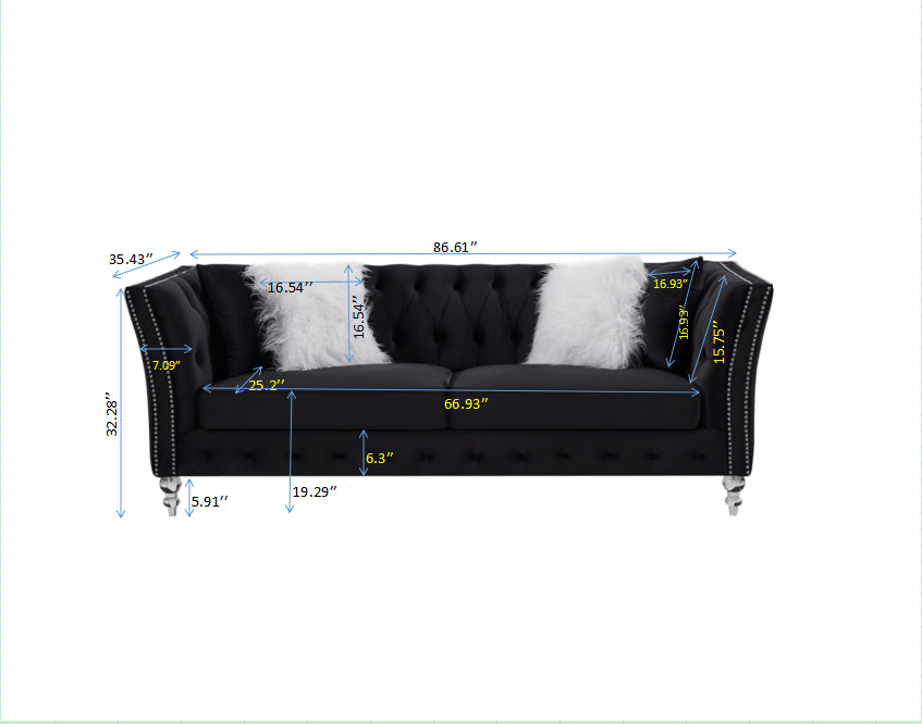 L8085B Three Seat Sofa Black Black Velvet