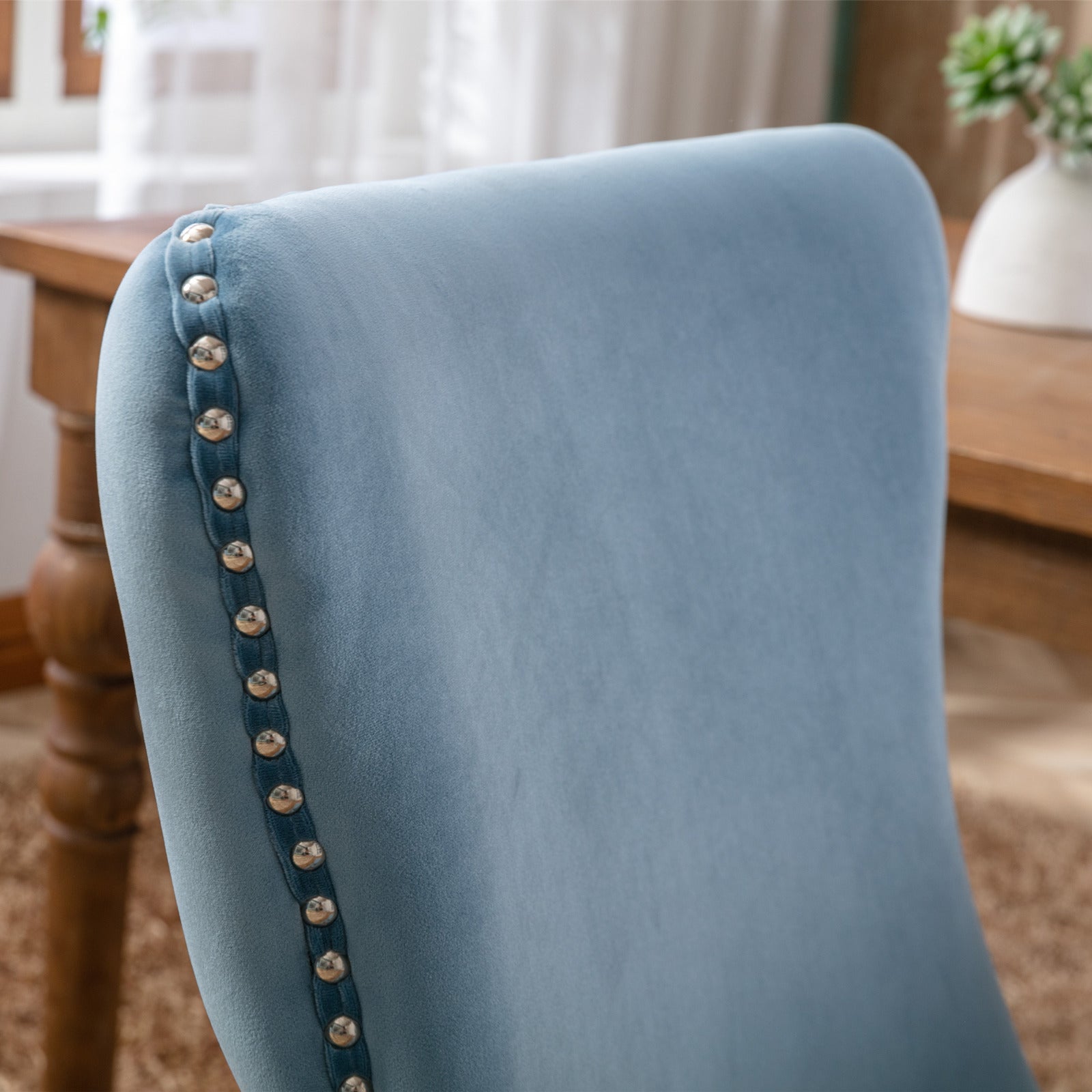 Upholstered Wing Back Dining Chair With Backstitching Trim And Solid Wood Legs,Set Of 2, Light Blue,Sw8809Lb, Kd Light Blue Dining Room American Design Rubberwood Foam Velvet