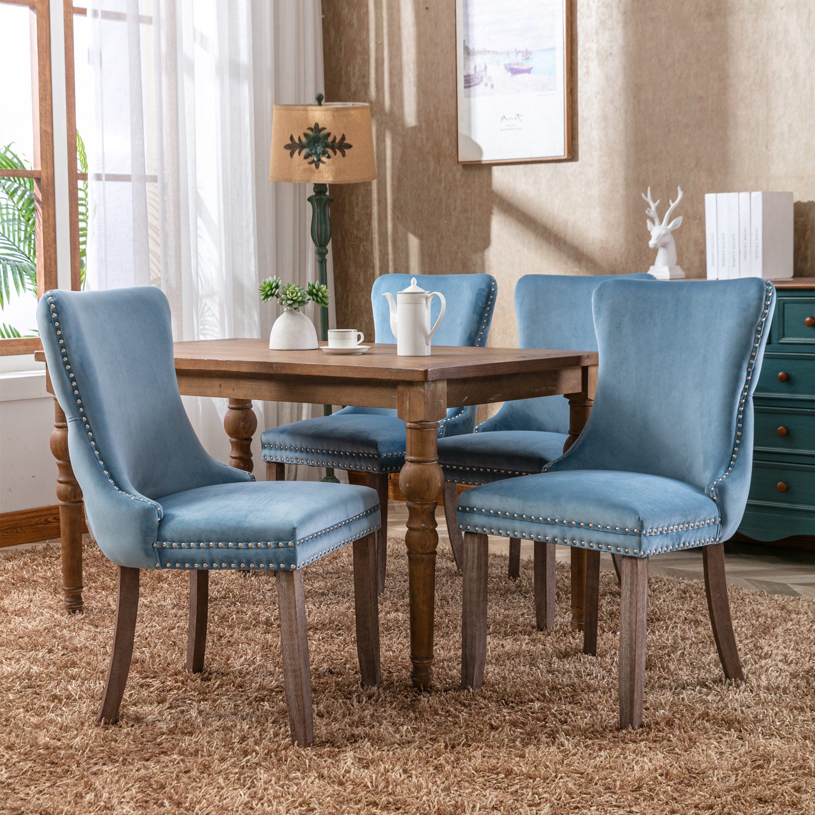 Upholstered Wing Back Dining Chair With Backstitching Trim And Solid Wood Legs,Set Of 2, Light Blue,Sw8809Lb, Kd Light Blue Dining Room American Design Rubberwood Foam Velvet