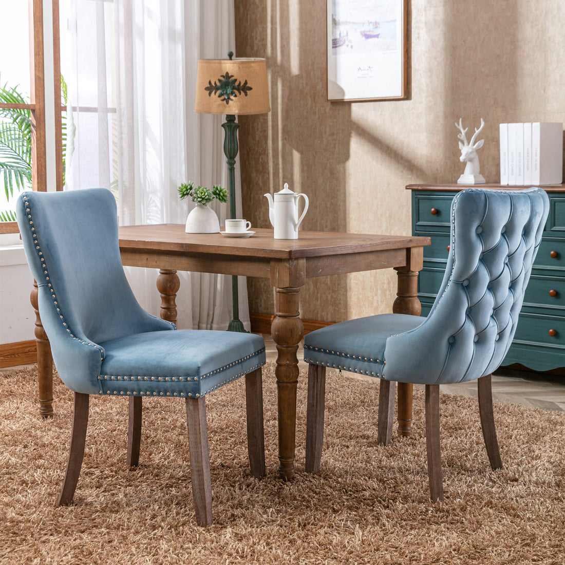 Upholstered Wing Back Dining Chair With Backstitching Trim And Solid Wood Legs,Set Of 2, Light Blue,Sw8809Lb, Kd Light Blue Dining Room American Design Rubberwood Foam Velvet