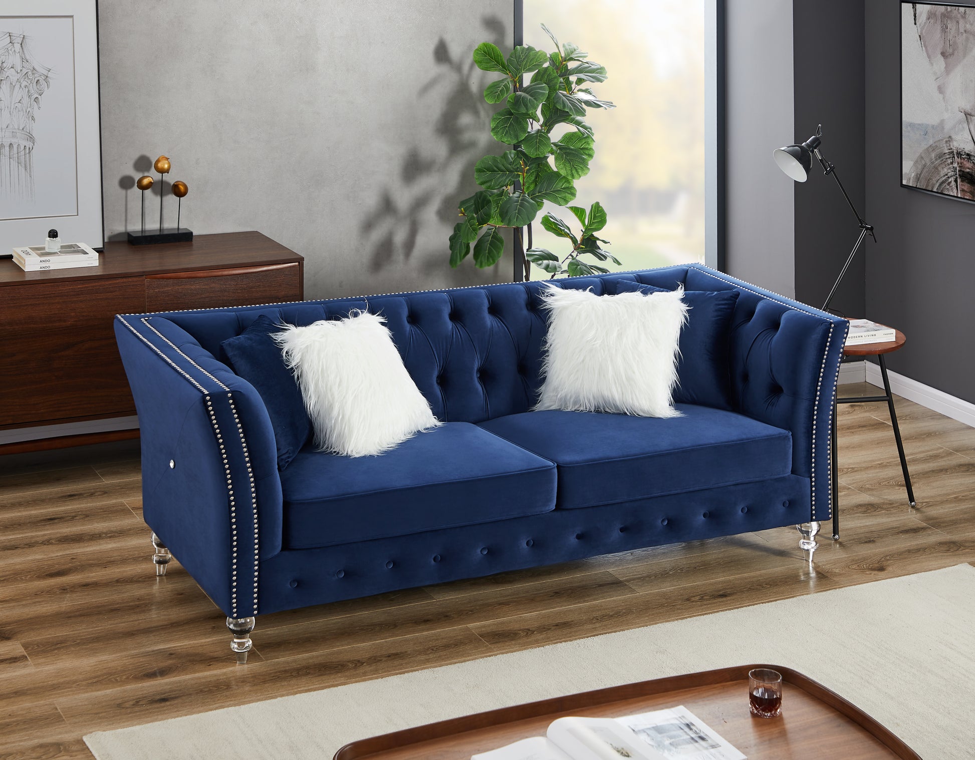 L8085B Two Seat Three Seat Sofa Navy Blue Navy Blue Velvet