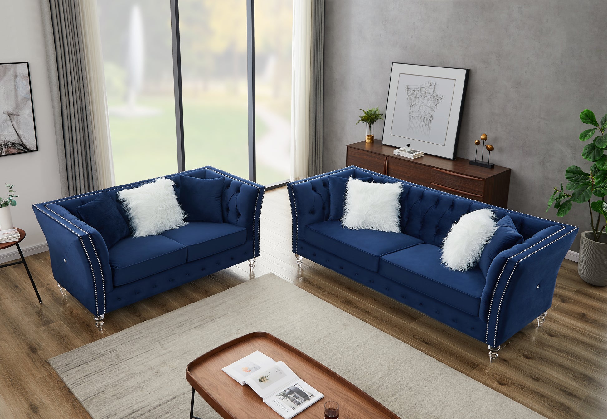 L8085B Two Seat Three Seat Sofa Navy Blue Navy Blue Velvet