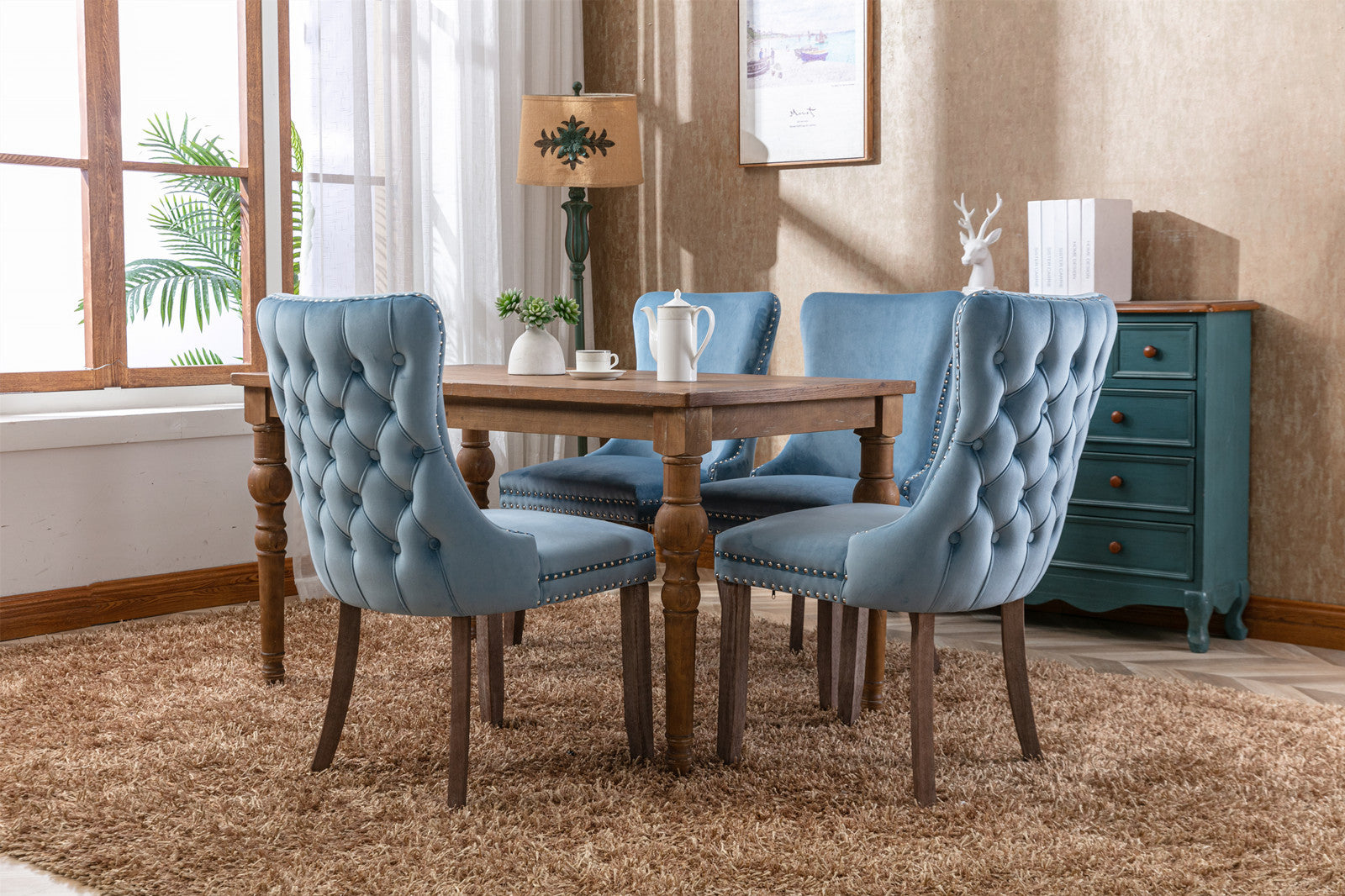 Upholstered Wing Back Dining Chair With Backstitching Trim And Solid Wood Legs,Set Of 2, Light Blue,Sw8809Lb, Kd Light Blue Dining Room American Design Rubberwood Foam Velvet