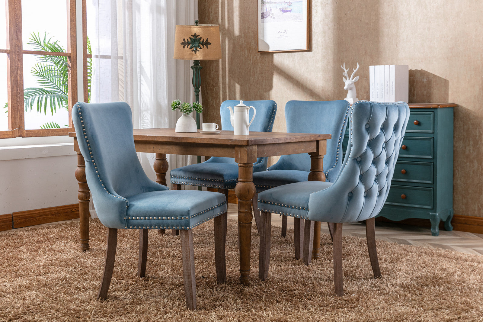 Upholstered Wing Back Dining Chair With Backstitching Trim And Solid Wood Legs,Set Of 2, Light Blue,Sw8809Lb, Kd Light Blue Dining Room American Design Rubberwood Foam Velvet