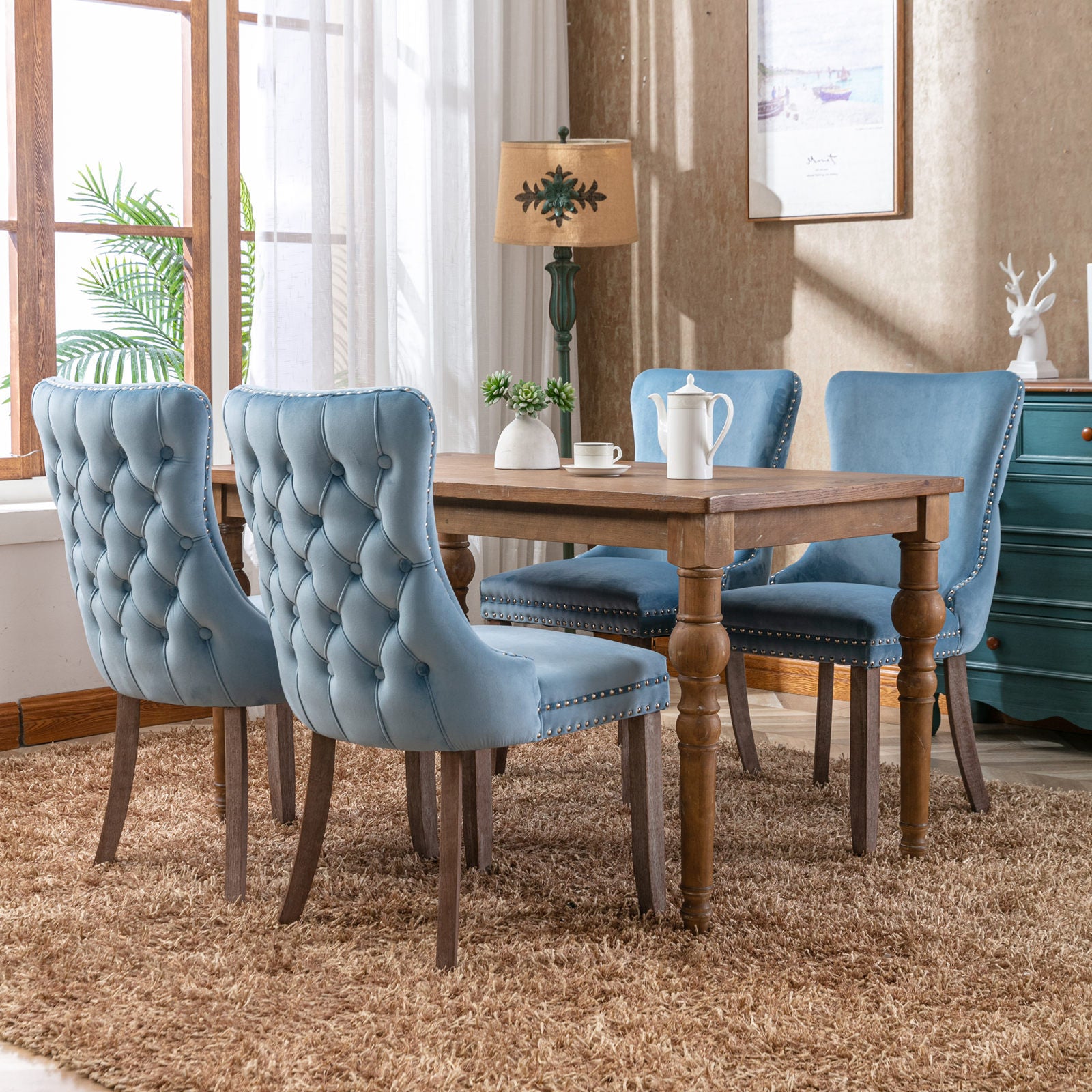 Upholstered Wing Back Dining Chair With Backstitching Trim And Solid Wood Legs,Set Of 2, Light Blue,Sw8809Lb, Kd Light Blue Dining Room American Design Rubberwood Foam Velvet