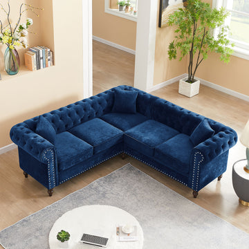 Mh 80" Deep Button Tufted Upholstered Roll Arm Luxury Classic Chesterfield L Shaped Sofa 3 Pillows Included, Solid Wood Gourd Legs, Blue Velvet S00011 Blue Velvet Polyester Velvet 5 Seat