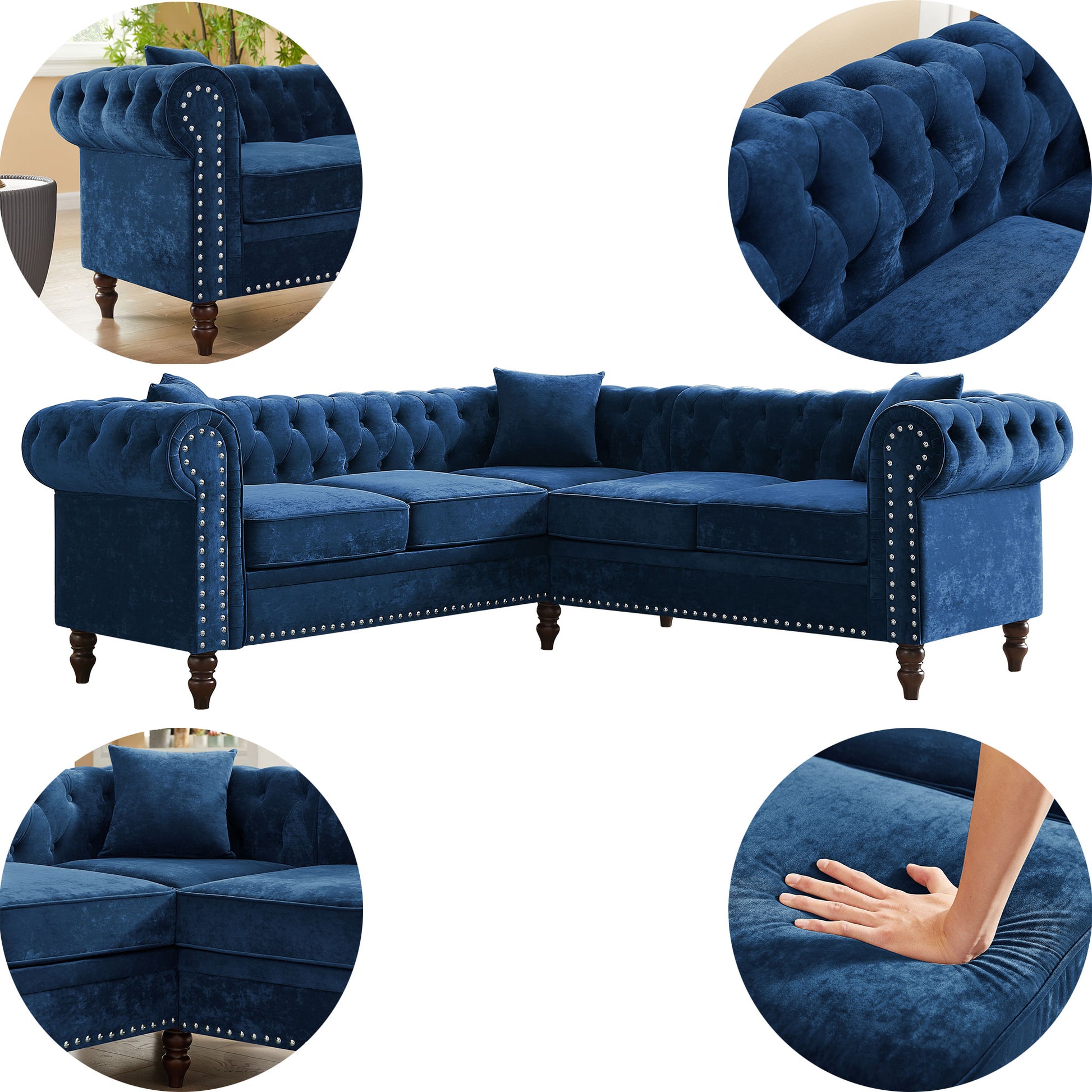 Mh 80" Deep Button Tufted Upholstered Roll Arm Luxury Classic Chesterfield L Shaped Sofa 3 Pillows Included, Solid Wood Gourd Legs, Blue Velvet S00011 Blue Velvet Polyester Velvet 5 Seat