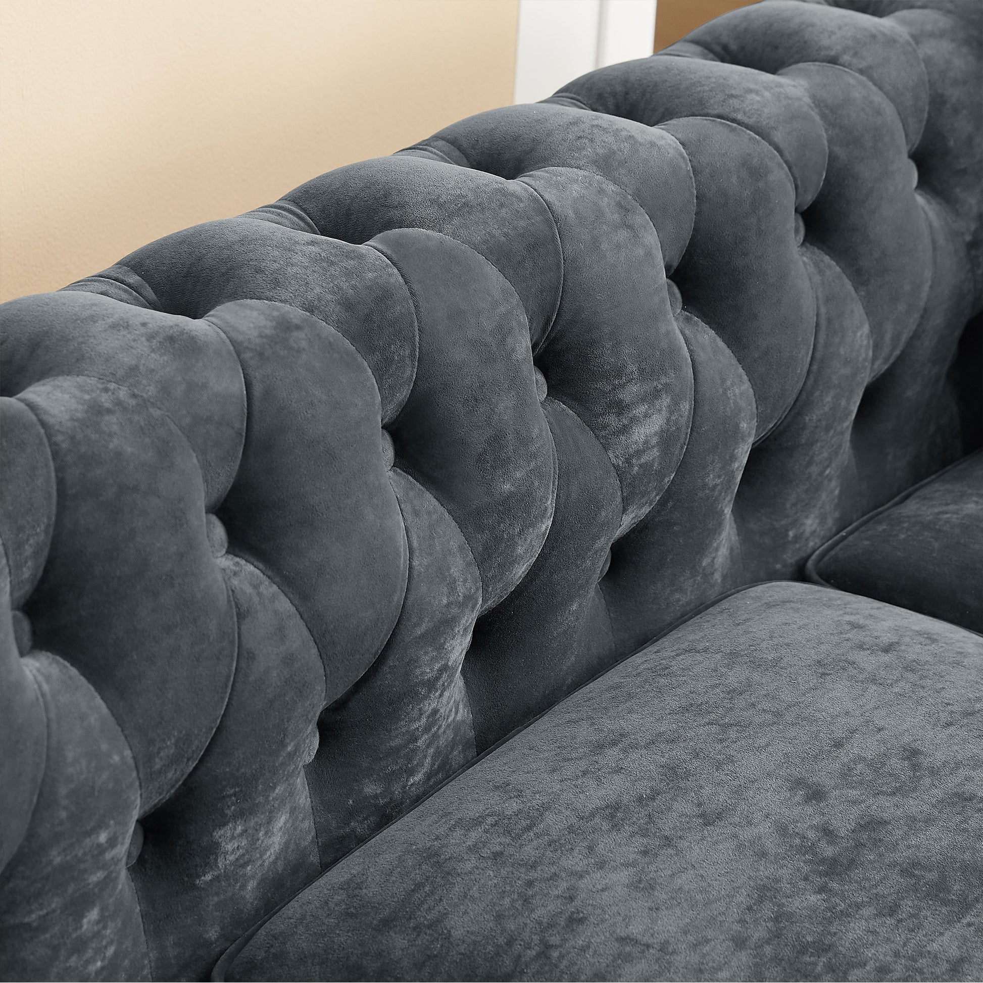 Mh 80" Deep Button Tufted Upholstered Roll Arm Luxury Classic Chesterfield L Shaped Sofa 3 Pillows Included, Solid Wood Gourd Legs, Grey Velvet Grey Polyester Velvet