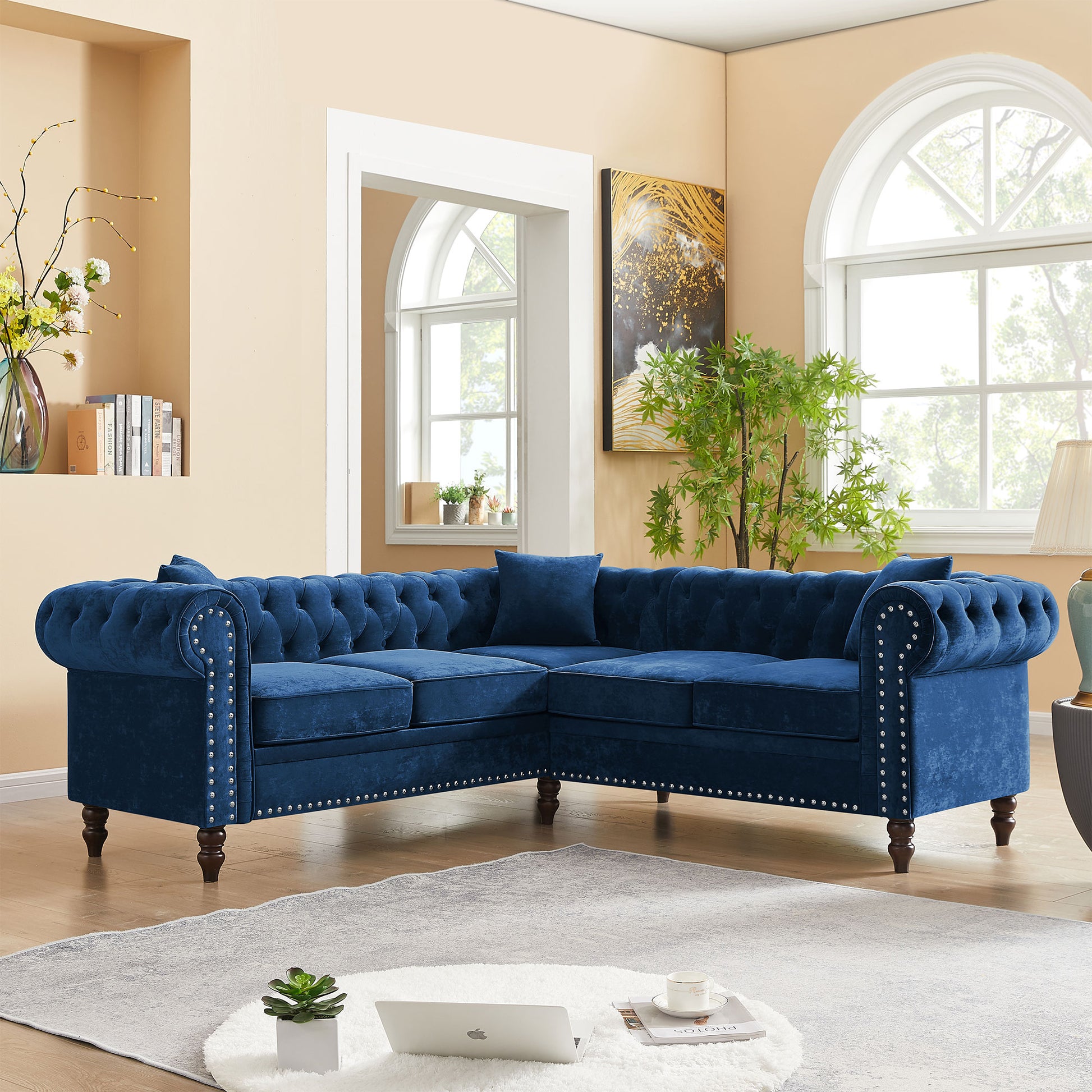 Mh 80" Deep Button Tufted Upholstered Roll Arm Luxury Classic Chesterfield L Shaped Sofa 3 Pillows Included, Solid Wood Gourd Legs, Blue Velvet S00011 Blue Velvet Polyester Velvet 5 Seat