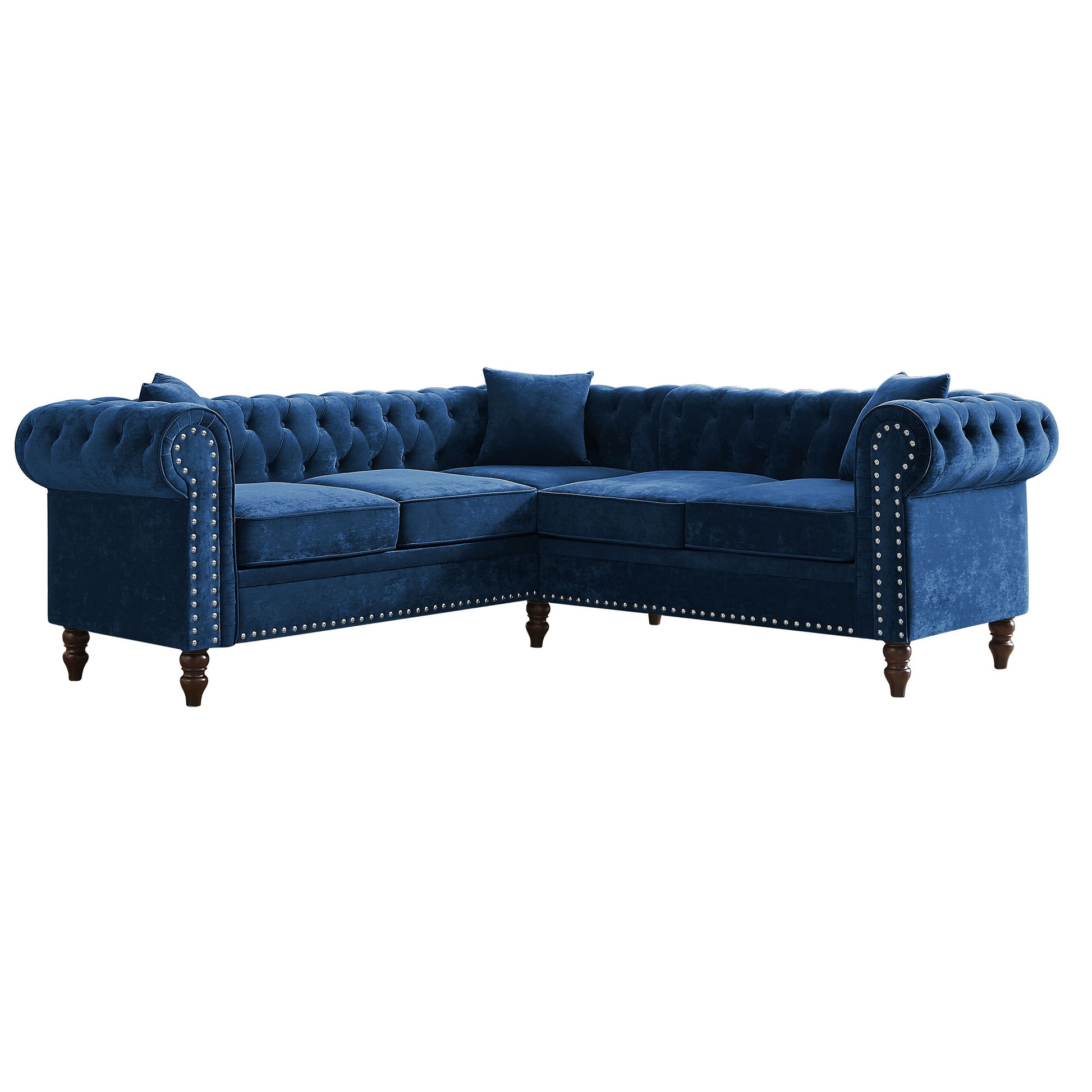 Mh 80" Deep Button Tufted Upholstered Roll Arm Luxury Classic Chesterfield L Shaped Sofa 3 Pillows Included, Solid Wood Gourd Legs, Blue Velvet S00011 Blue Velvet Polyester Velvet 5 Seat