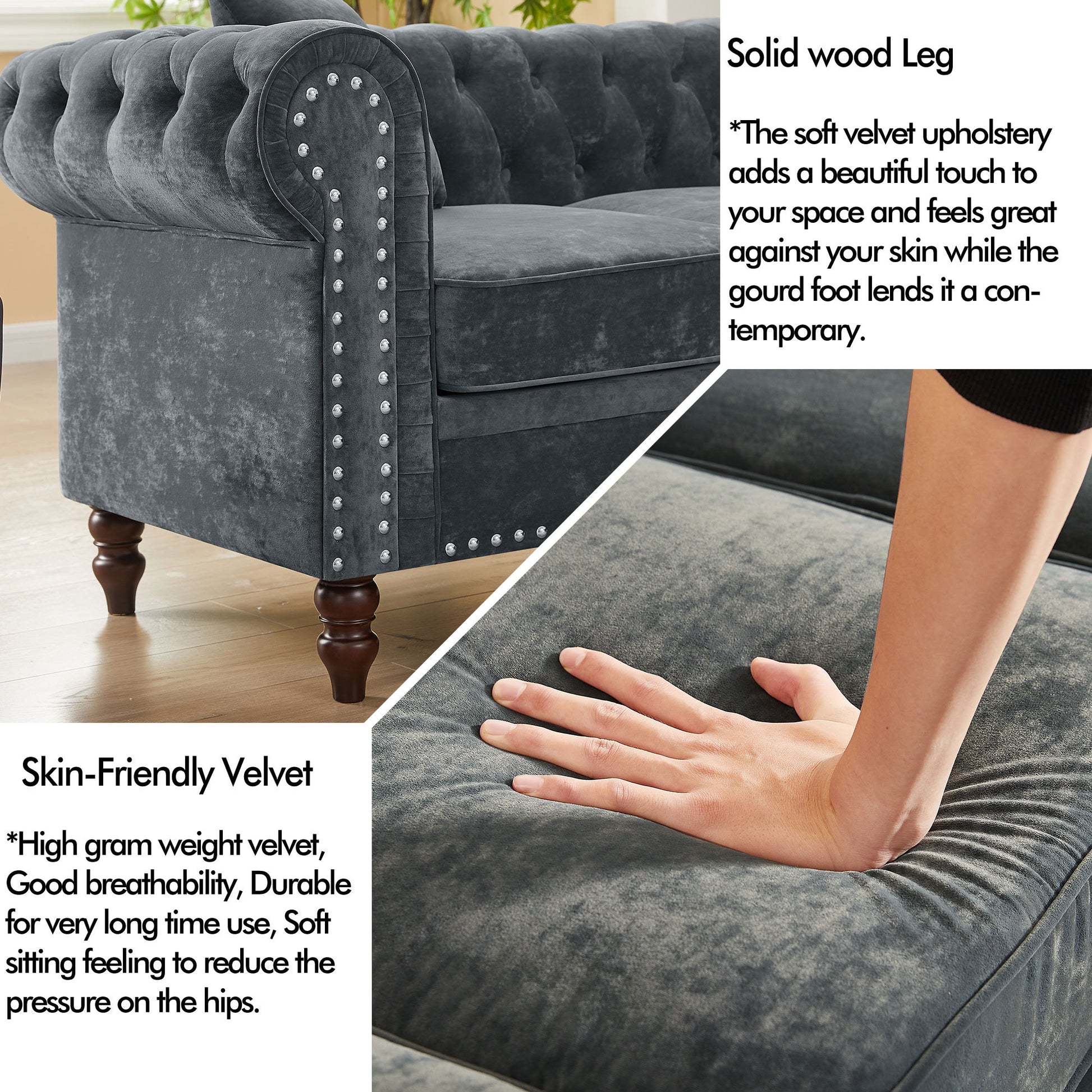 Mh 80" Deep Button Tufted Upholstered Roll Arm Luxury Classic Chesterfield L Shaped Sofa 3 Pillows Included, Solid Wood Gourd Legs, Grey Velvet Grey Polyester Velvet