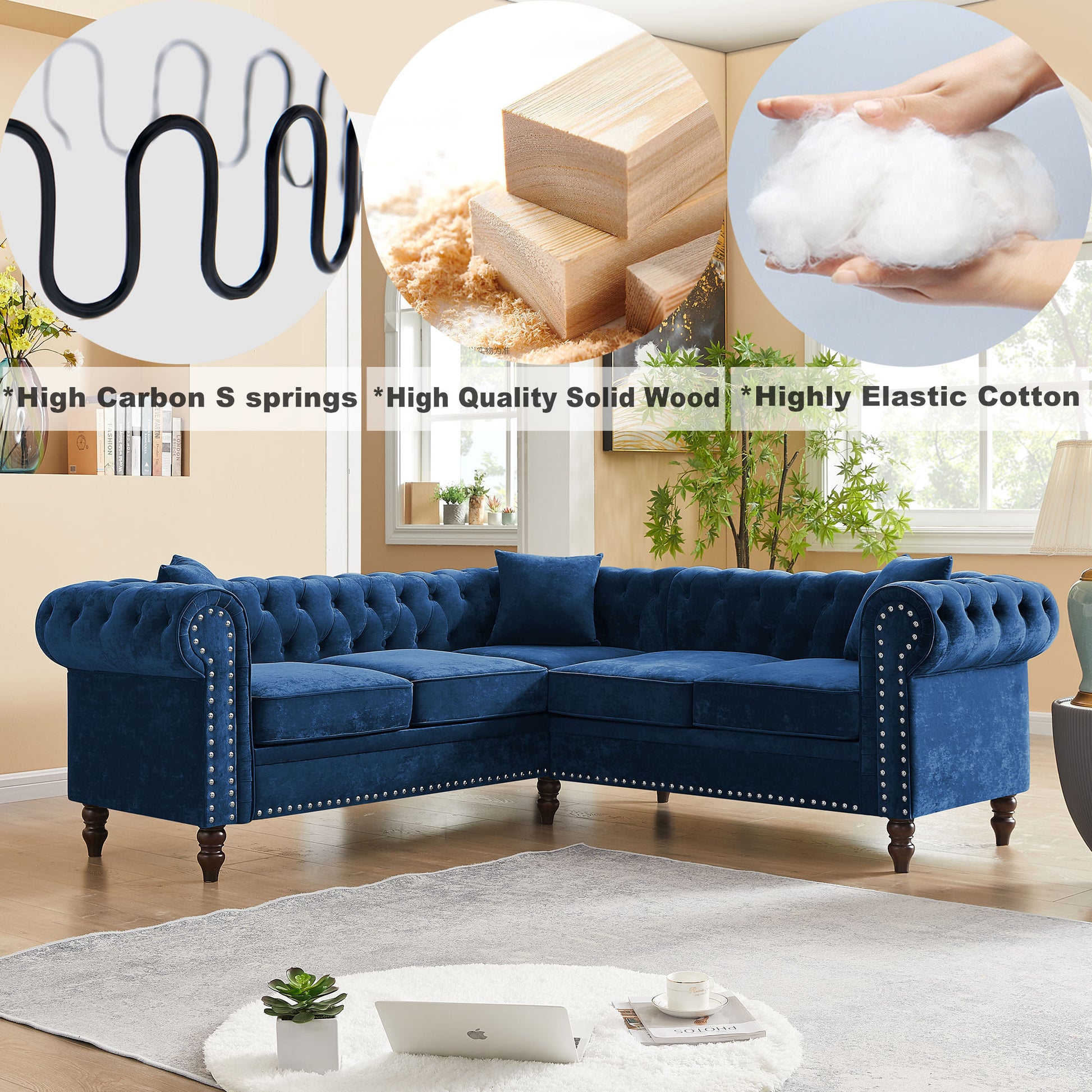 Mh 80" Deep Button Tufted Upholstered Roll Arm Luxury Classic Chesterfield L Shaped Sofa 3 Pillows Included, Solid Wood Gourd Legs, Blue Velvet S00011 Blue Velvet Polyester Velvet 5 Seat