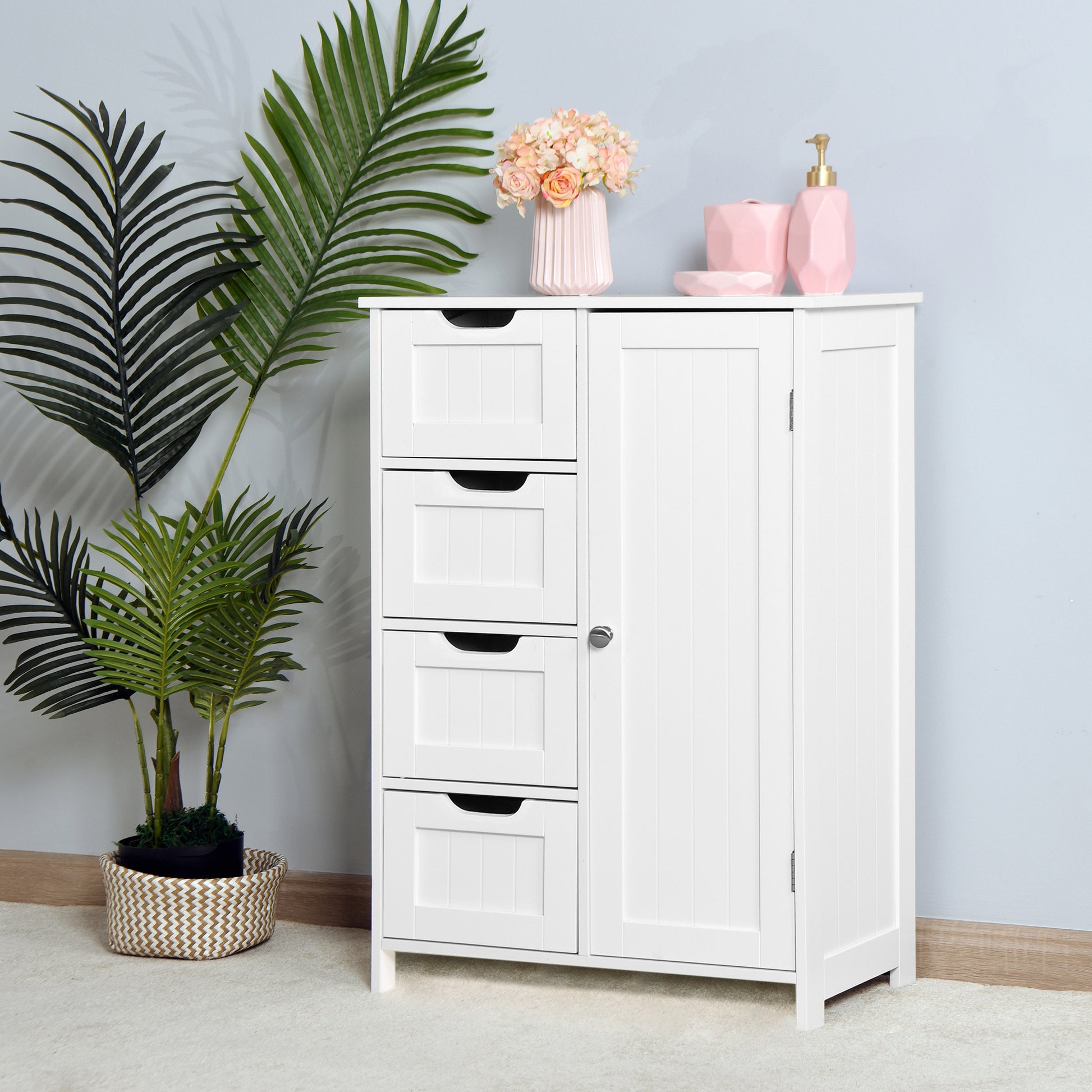 White Bathroom Storage Cabinet, Floor Cabinet With Adjustable Shelf And Drawers White Mdf