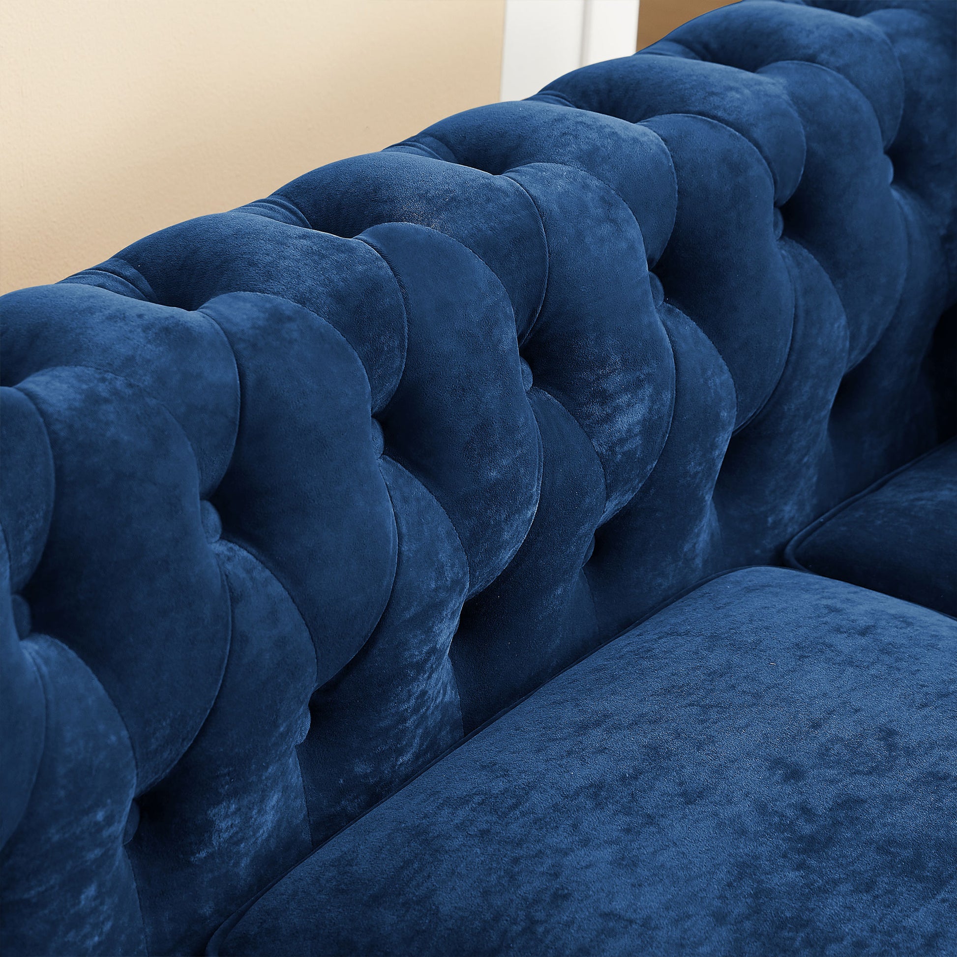 Mh 80" Deep Button Tufted Upholstered Roll Arm Luxury Classic Chesterfield L Shaped Sofa 3 Pillows Included, Solid Wood Gourd Legs, Blue Velvet S00011 Blue Velvet Polyester Velvet 5 Seat