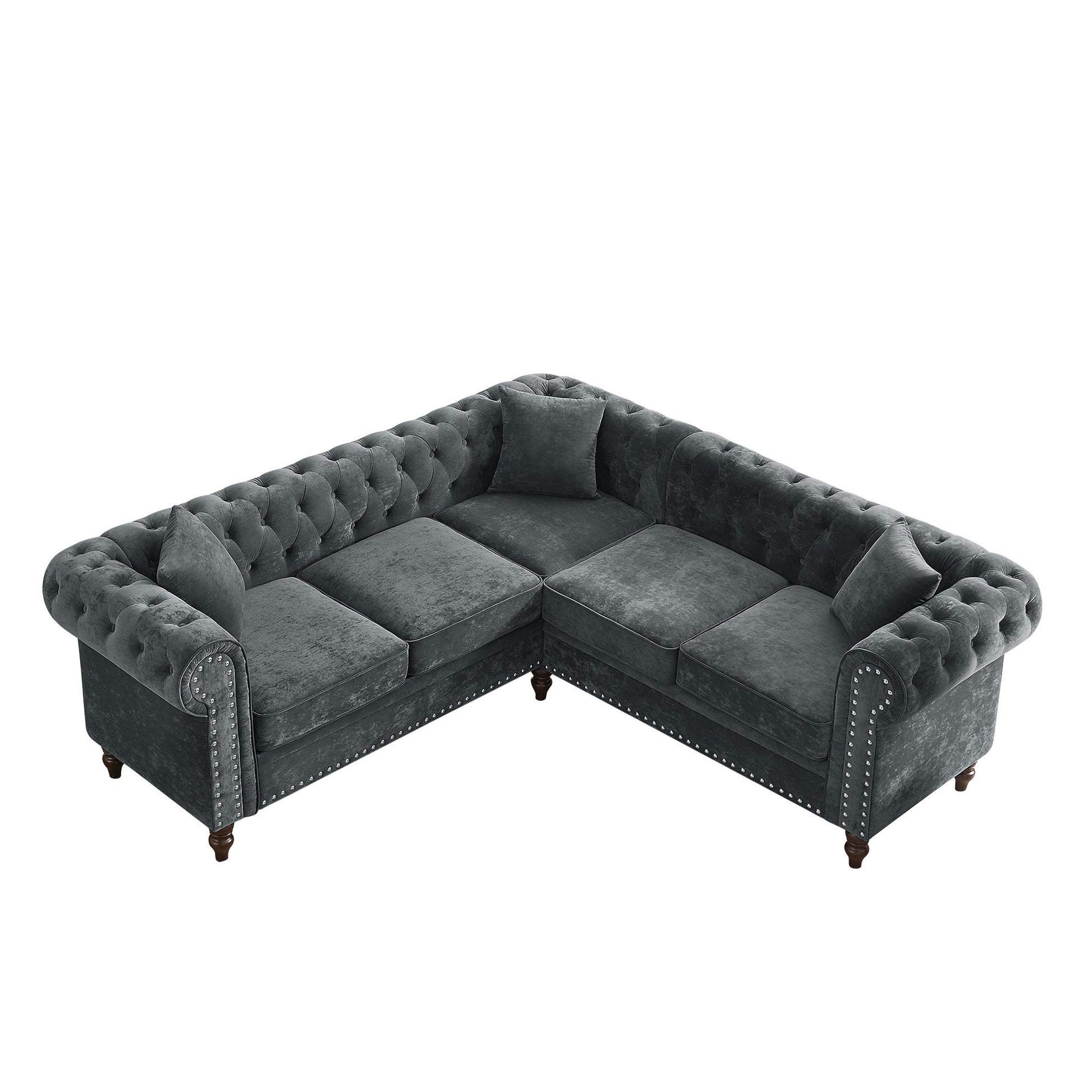 Mh 80" Deep Button Tufted Upholstered Roll Arm Luxury Classic Chesterfield L Shaped Sofa 3 Pillows Included, Solid Wood Gourd Legs, Grey Velvet Grey Polyester Velvet