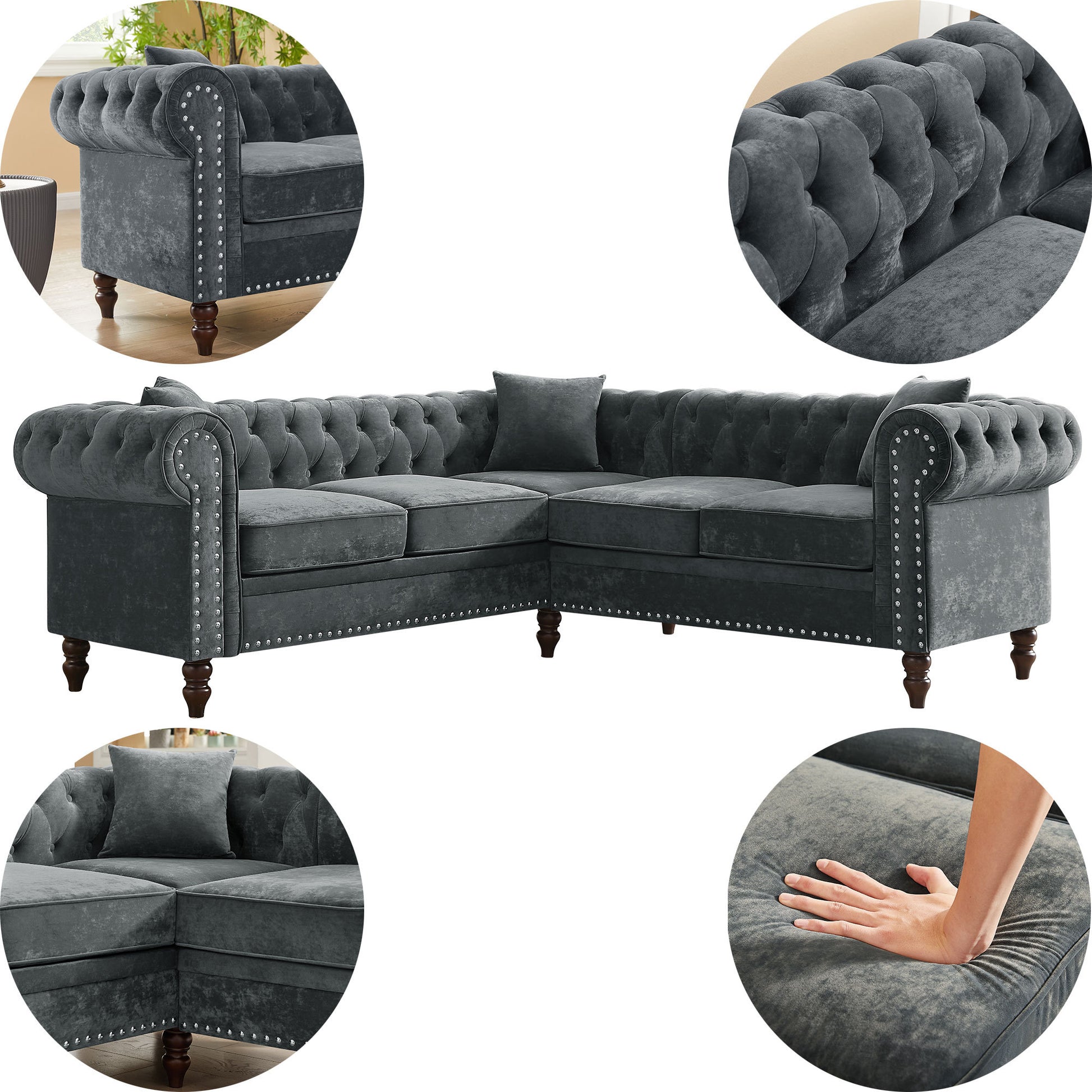 Mh 80" Deep Button Tufted Upholstered Roll Arm Luxury Classic Chesterfield L Shaped Sofa 3 Pillows Included, Solid Wood Gourd Legs, Grey Velvet Grey Polyester Velvet