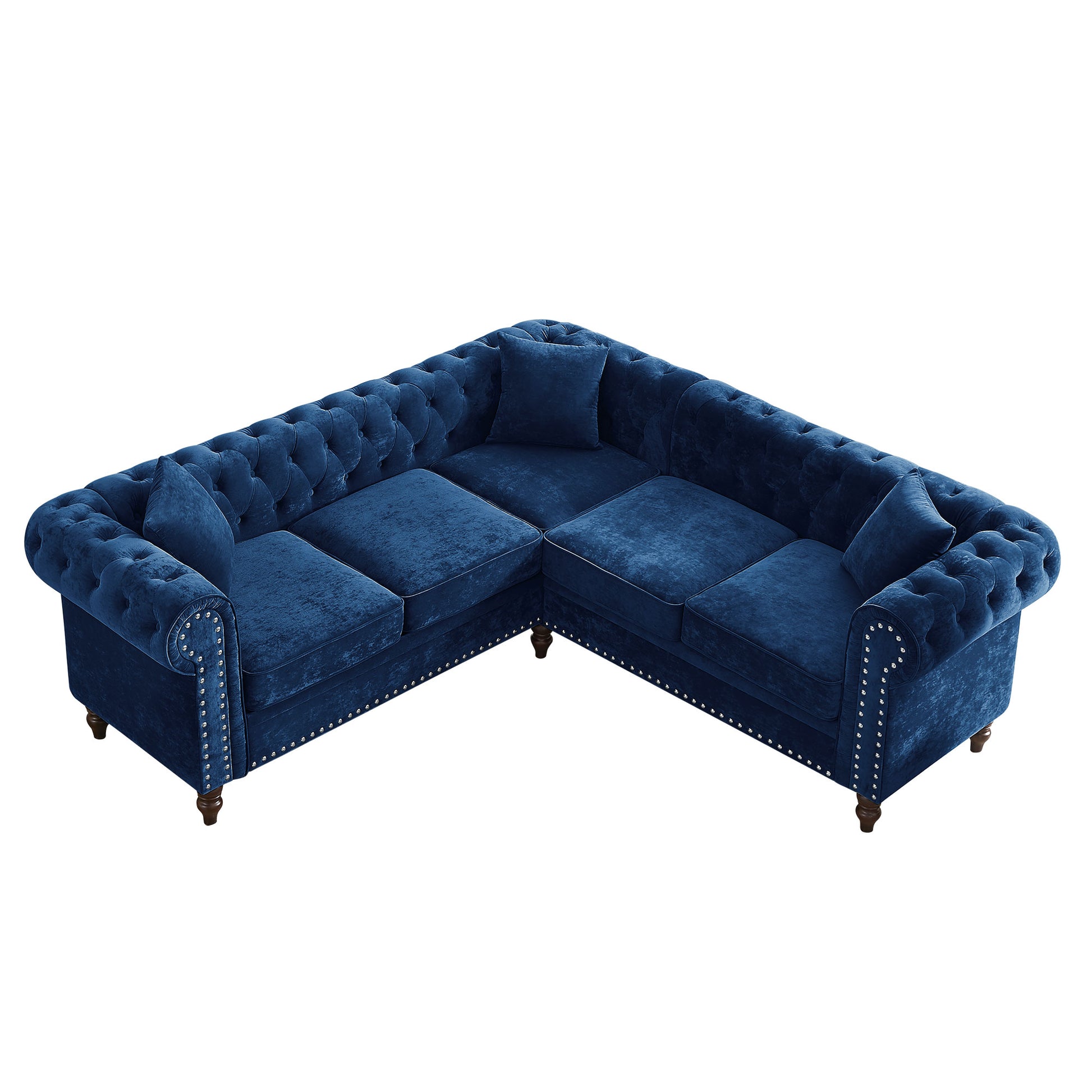 Mh 80" Deep Button Tufted Upholstered Roll Arm Luxury Classic Chesterfield L Shaped Sofa 3 Pillows Included, Solid Wood Gourd Legs, Blue Velvet S00011 Blue Velvet Polyester Velvet 5 Seat