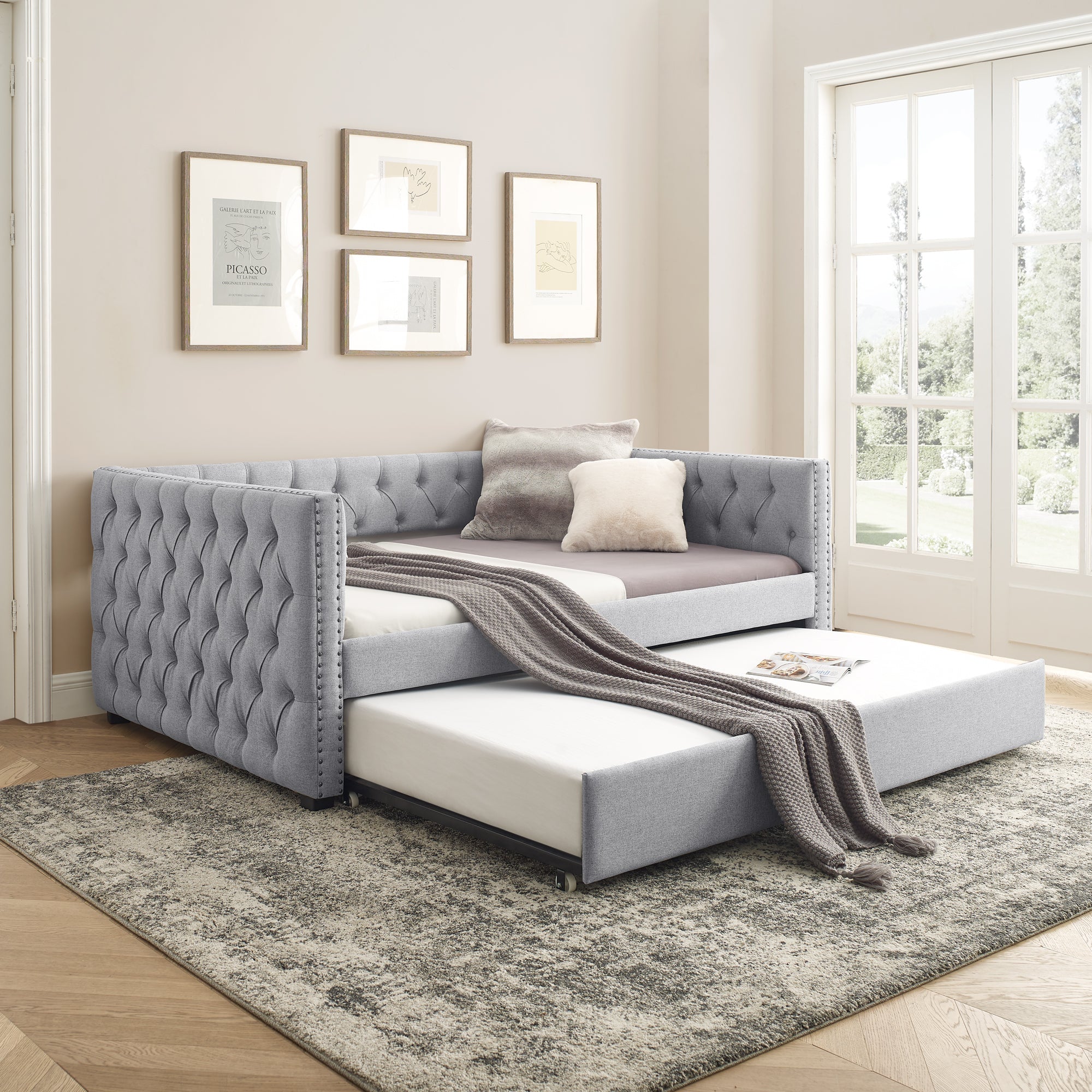 Daybed With Trundle Upholstered Tufted Sofa Bed, With Button And Copper Nail On Square Arms,Full Daybed & Twin Trundle, Grey 85"X57"X31.5" Grey Linen