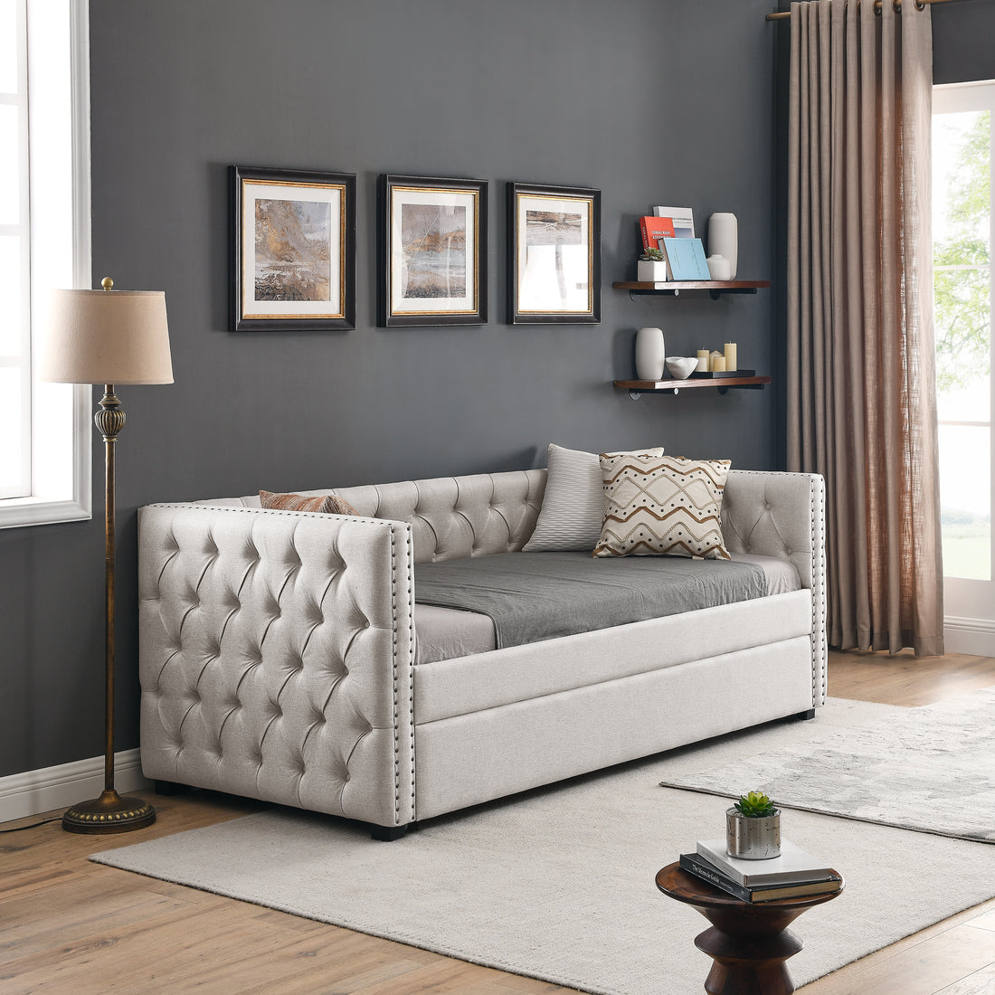 Daybed With Trundle Upholstered Tufted Sofa Bed, With Button And Copper Nail On Square Arms,Both Twin Size, Beige 85"X42.5"X31.5" Beige Linen