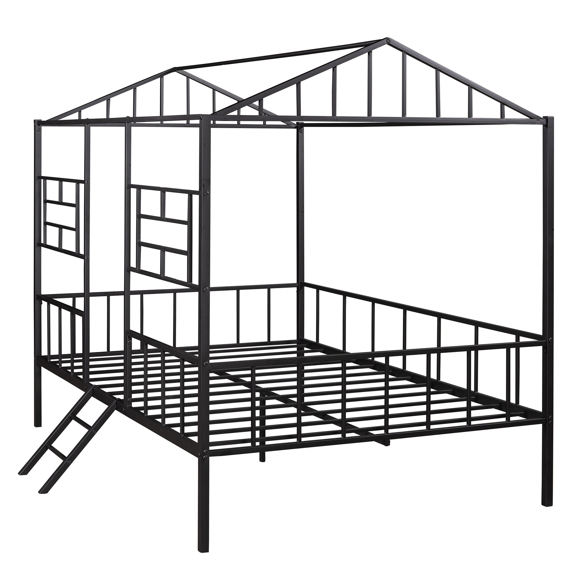 Metal House Bed Frame Full Size With Slatted Support No Box Spring Needed Black Full Black Metal