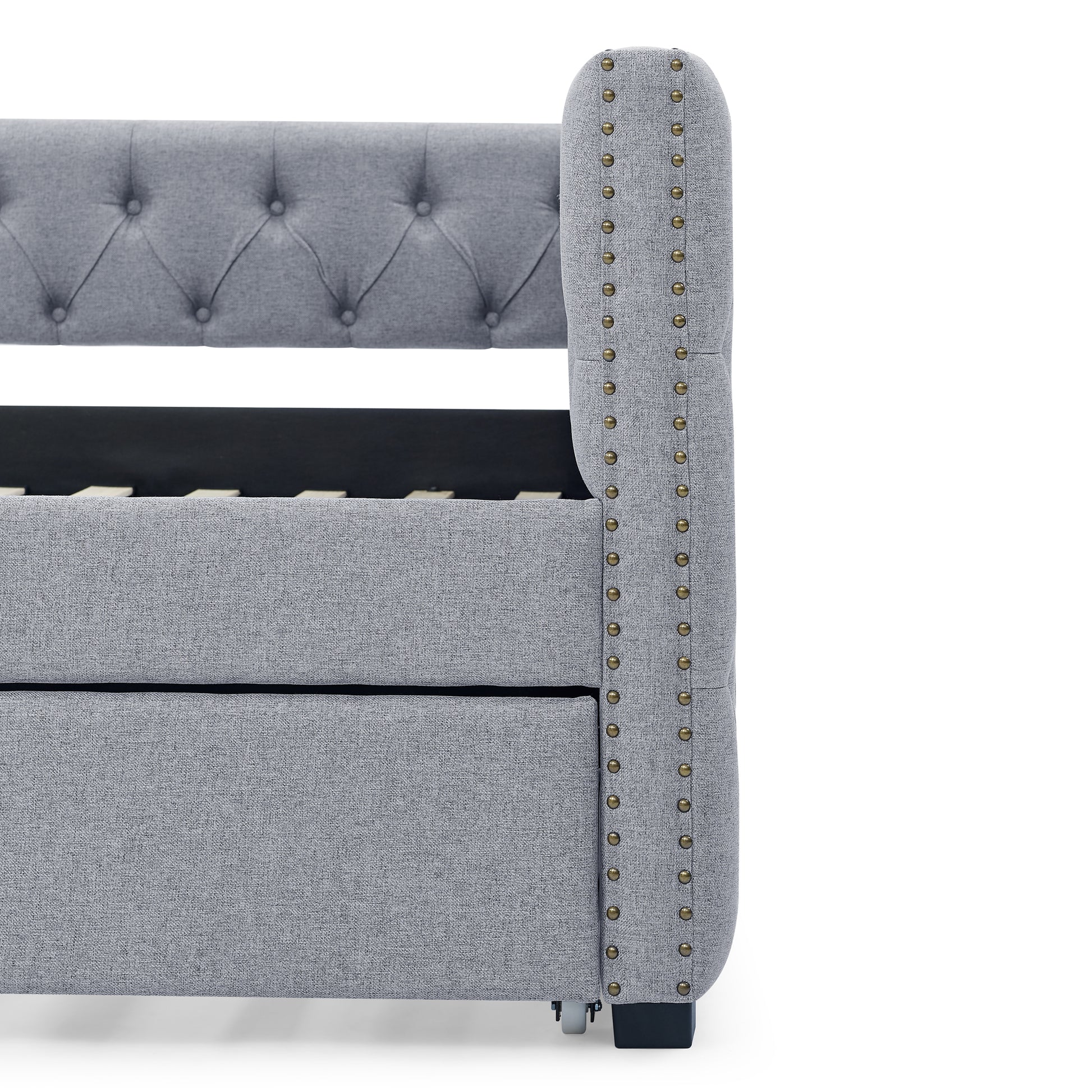 Daybed With Trundle Upholstered Tufted Sofa Bed, With Button And Copper Nail On Square Arms,Full Daybed & Twin Trundle, Grey 85"X57"X31.5" Grey Linen