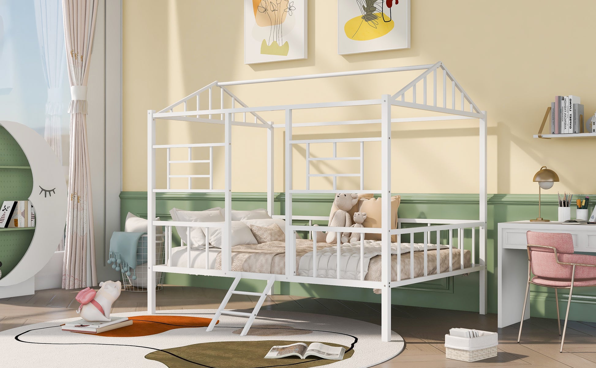 Metal House Bed Frame Full Size With Slatted Support No Box Spring Needed White Full White Metal