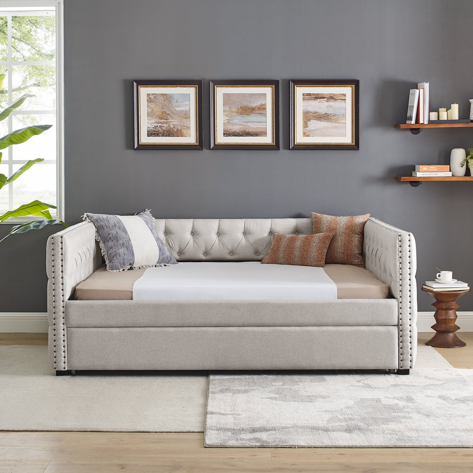 Daybed With Trundle Upholstered Tufted Sofa Bed, With Button And Copper Nail On Square Arms,Full Daybed & Twin Trundle, Beige 85"X57"X31.5" Beige Linen