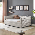 Daybed With Trundle Upholstered Tufted Sofa Bed, With Button And Copper Nail On Square Arms,Full Daybed & Twin Trundle, Beige 85