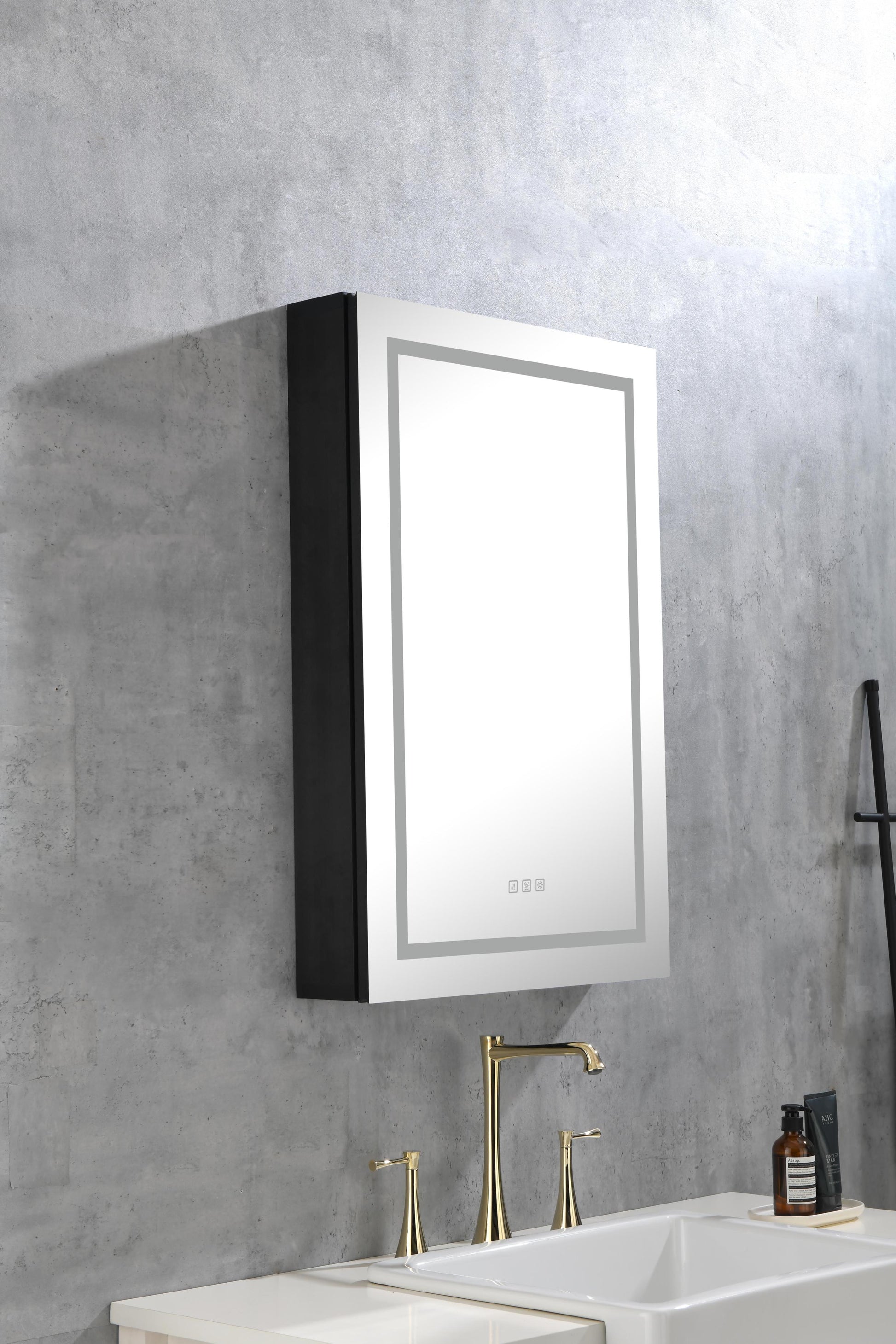 Led Lighted Bathroom Medicine Cabinet With Mirror, Surface Lighted Medicine Cabinet,Dimmable,Adjustable Shelves,Intelligent Switch Medicine Cabinet, Aluminum Frame,Right Opening Door Matt Black Aluminium