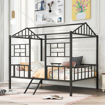 Metal House Bed Frame Full Size With Slatted Support No Box Spring Needed Black Full Black Metal