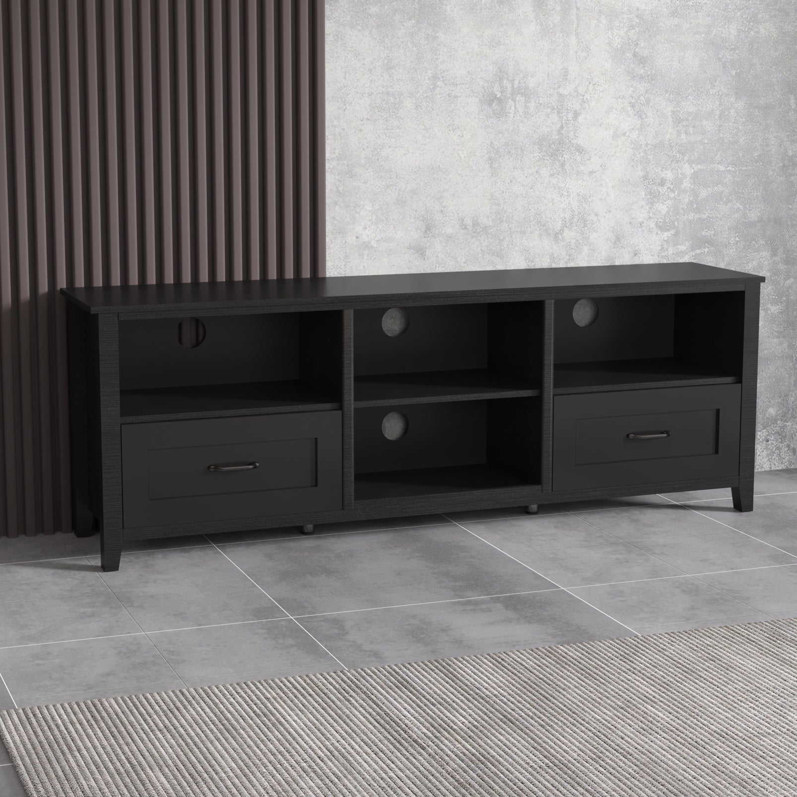 70.08 Inch Length Black Tv Stand For Living Room And Bedroom, With 2 Drawers And 4 High Capacity Storage Compartment. Black Particle Board