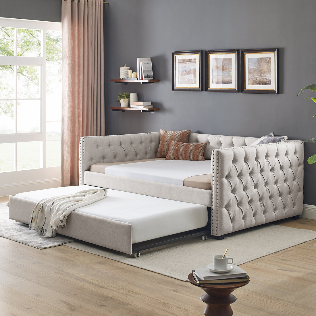 Daybed With Trundle Upholstered Tufted Sofa Bed, With Button And Copper Nail On Square Arms,Full Daybed & Twin Trundle, Beige 85"X57"X31.5" Beige Linen