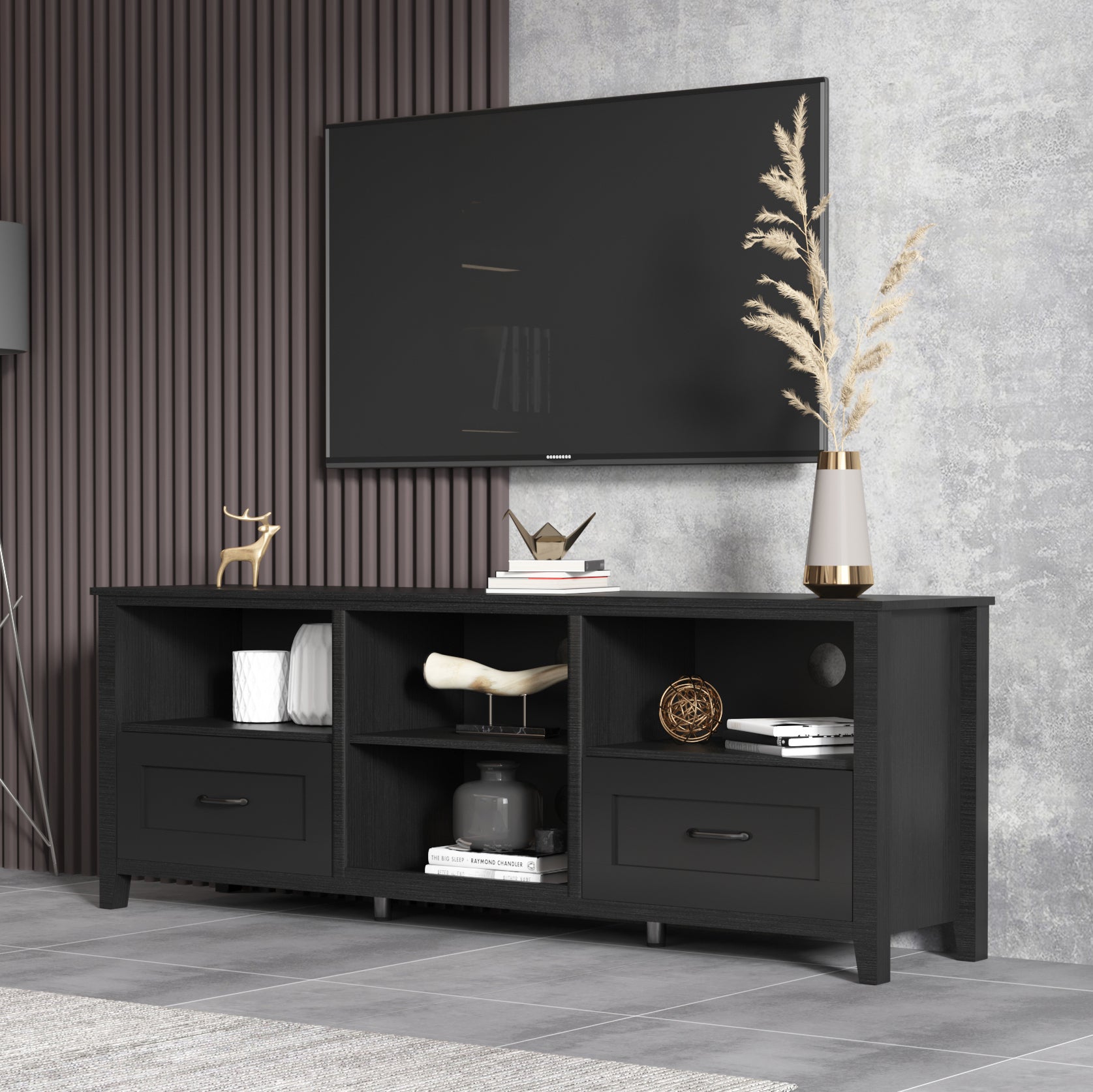 70.08 Inch Length Tv Stand For Living Room And Bedroom, With 2 Drawers And 4 High Capacity Storage Compartment,Black Walnut Black 70 79 Inches Particle Board