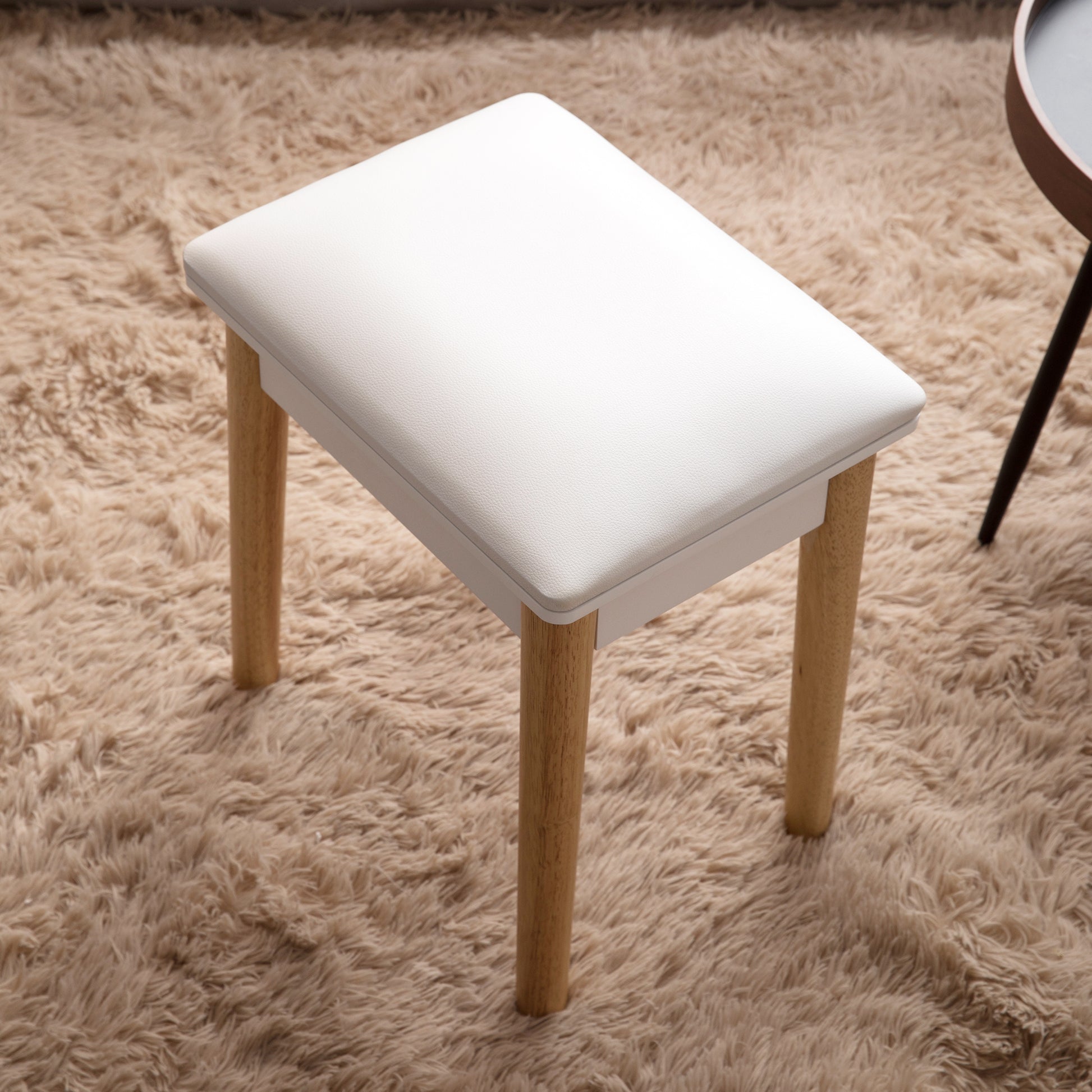 Wooden Vanity Stool Makeup Dressing Stool With Pu Seat,White White Mdf