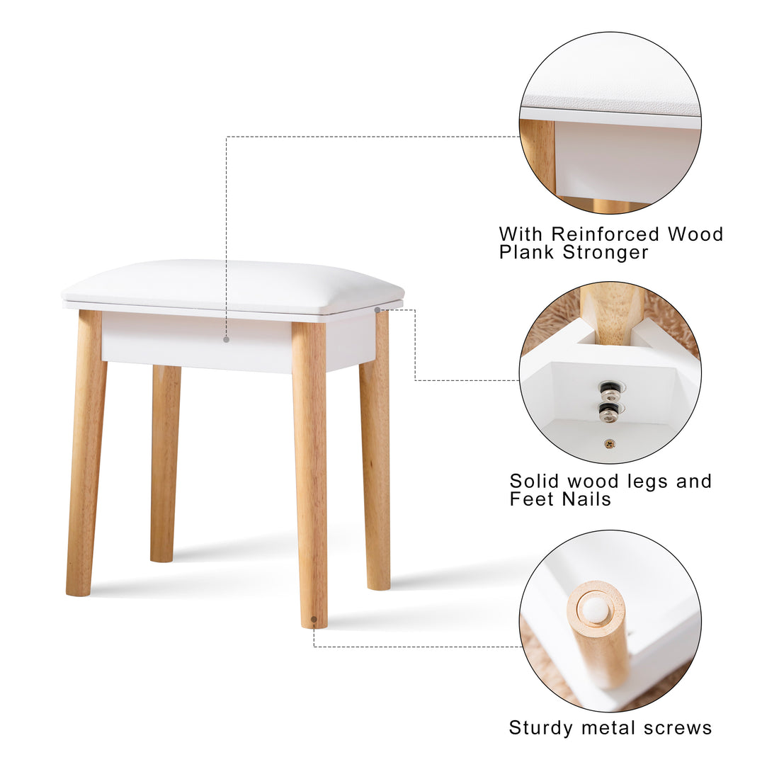 Wooden Vanity Stool Makeup Dressing Stool With Pu Seat,White White Mdf