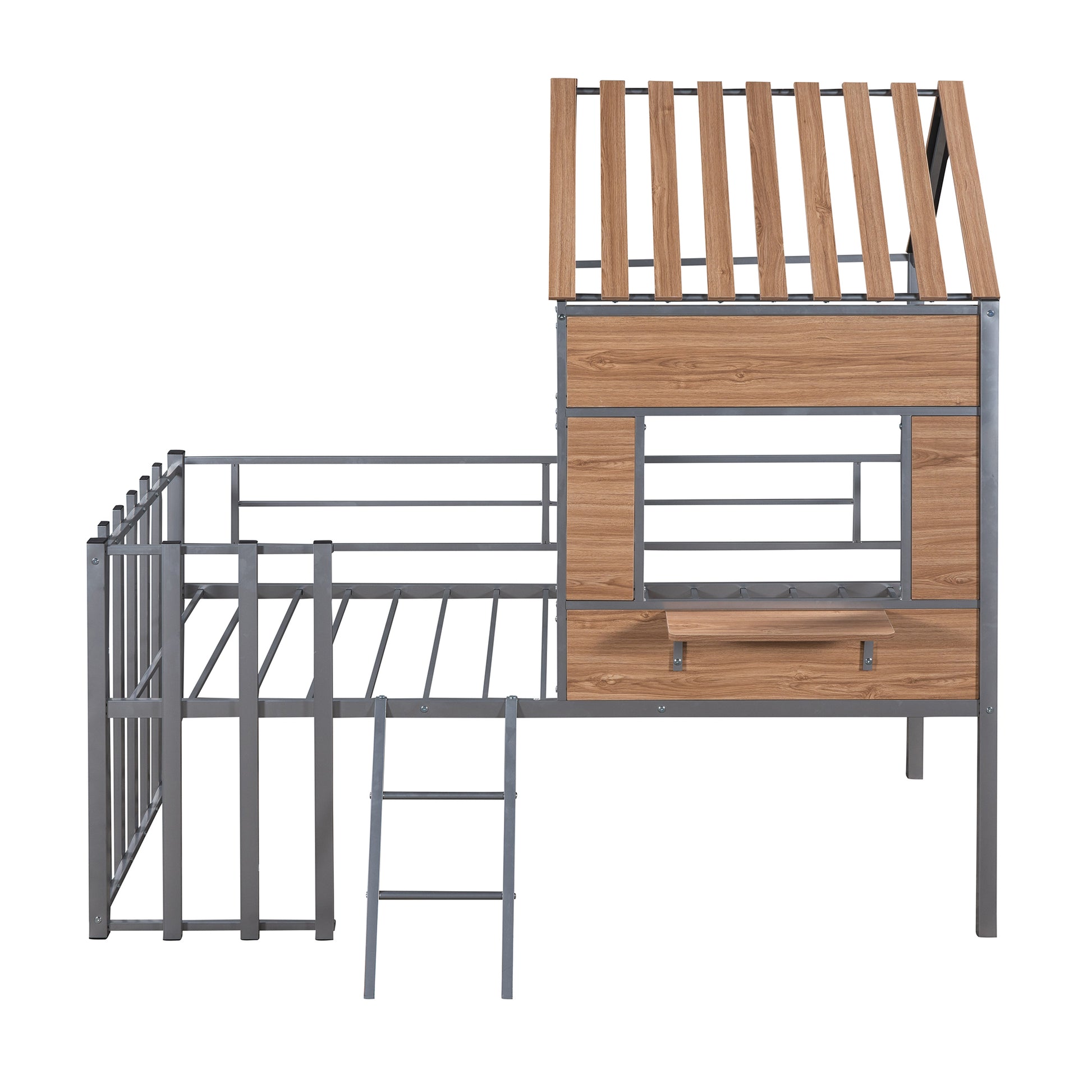 Metal Twin Size Loft Bed With Roof, Window, Guardrail, Ladder Silver Silver Metal