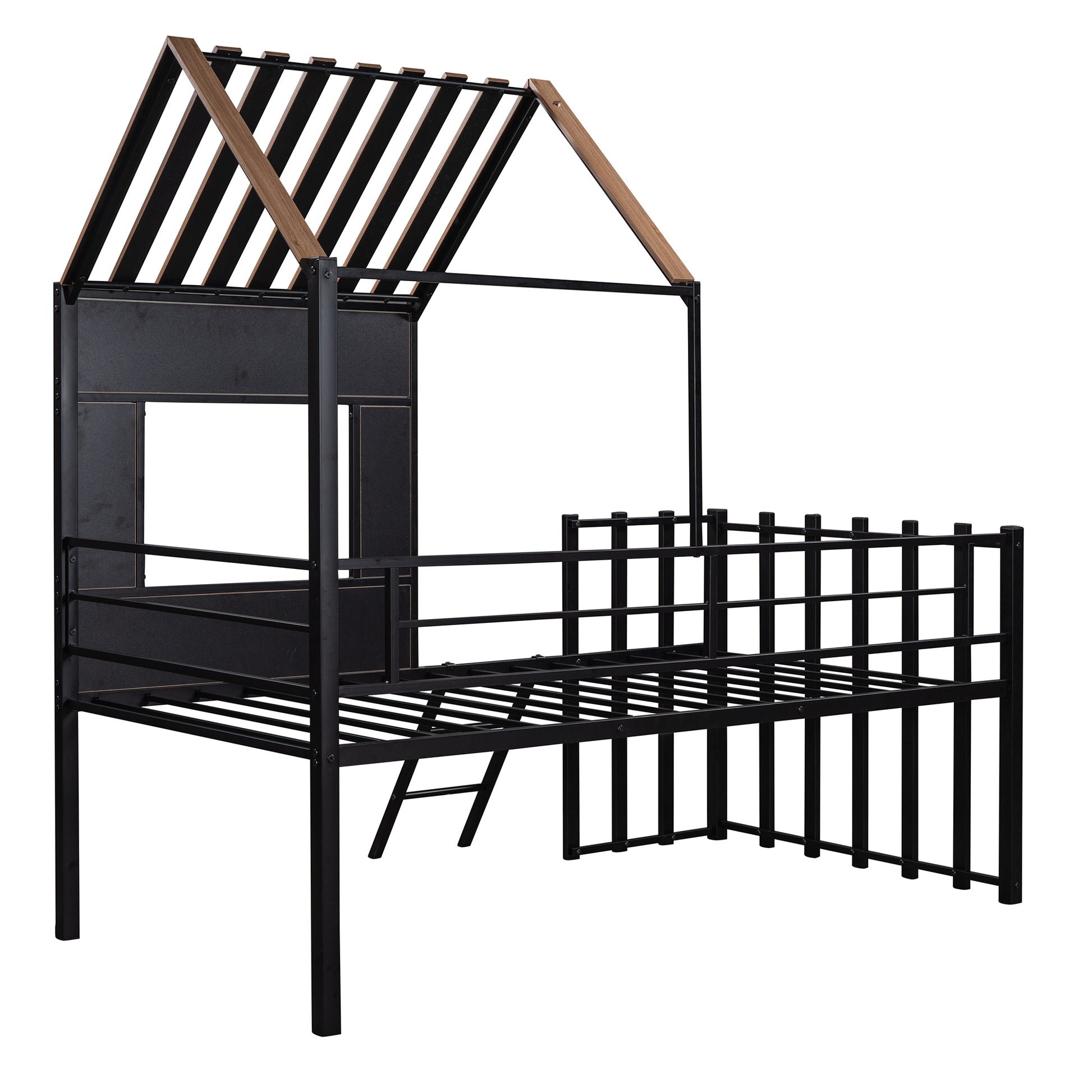 Metal Twin Size Loft Bed With Roof, Window, Guardrail, Ladder Black Black Metal
