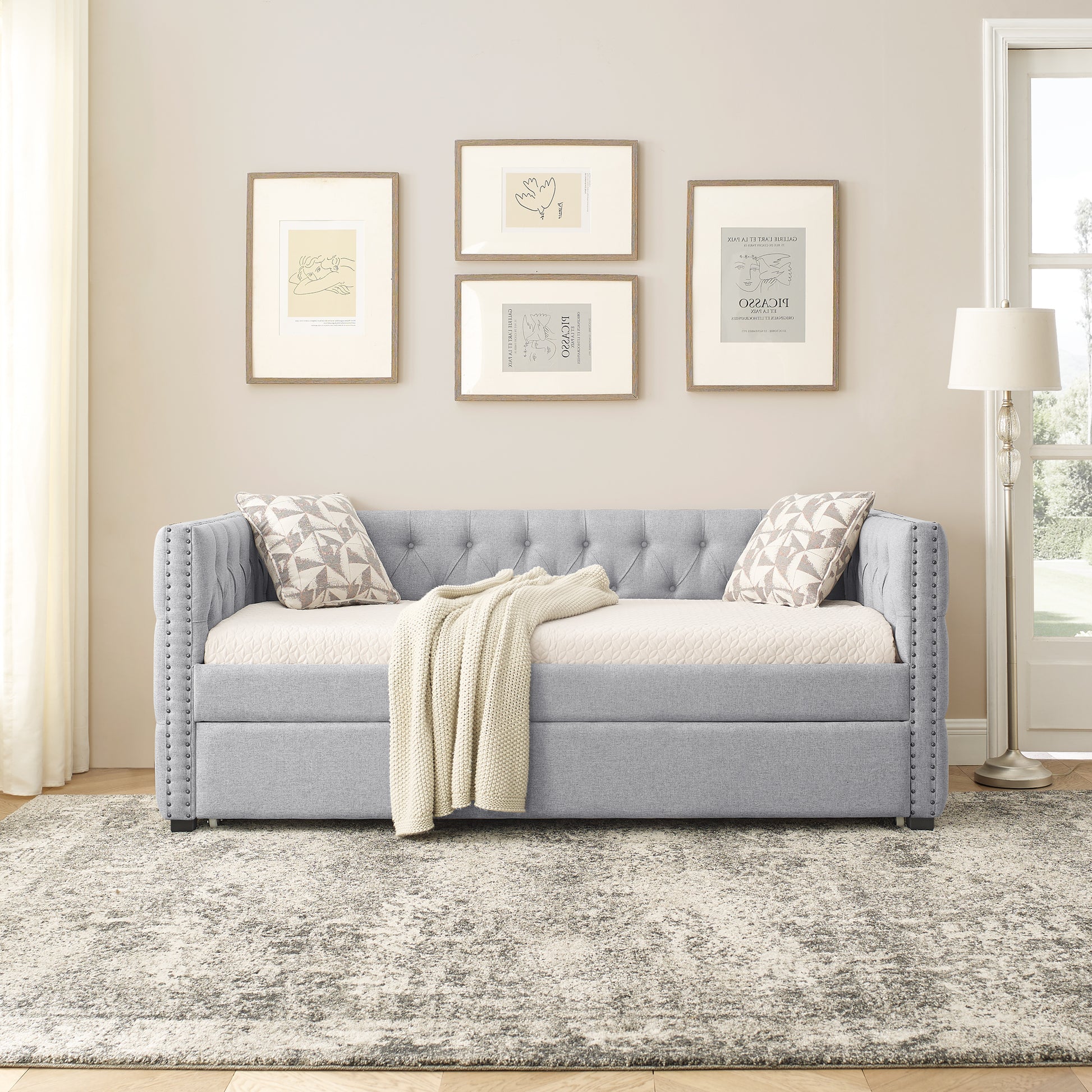 Daybed With Trundle Upholstered Tufted Sofa Bed, With Button And Copper Nail On Square Arms,Both Twin Size,Grey 85"X42.5"X31.5" Old Sku W487S00045 Grey Fabric