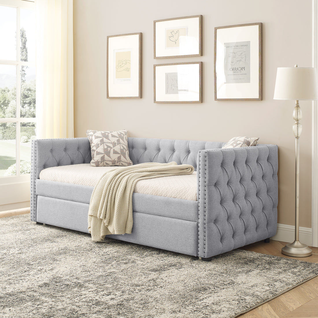 Daybed With Trundle Upholstered Tufted Sofa Bed, With Button And Copper Nail On Square Arms,Both Twin Size,Grey 85"X42.5"X31.5" Old Sku W487S00045 Grey Fabric