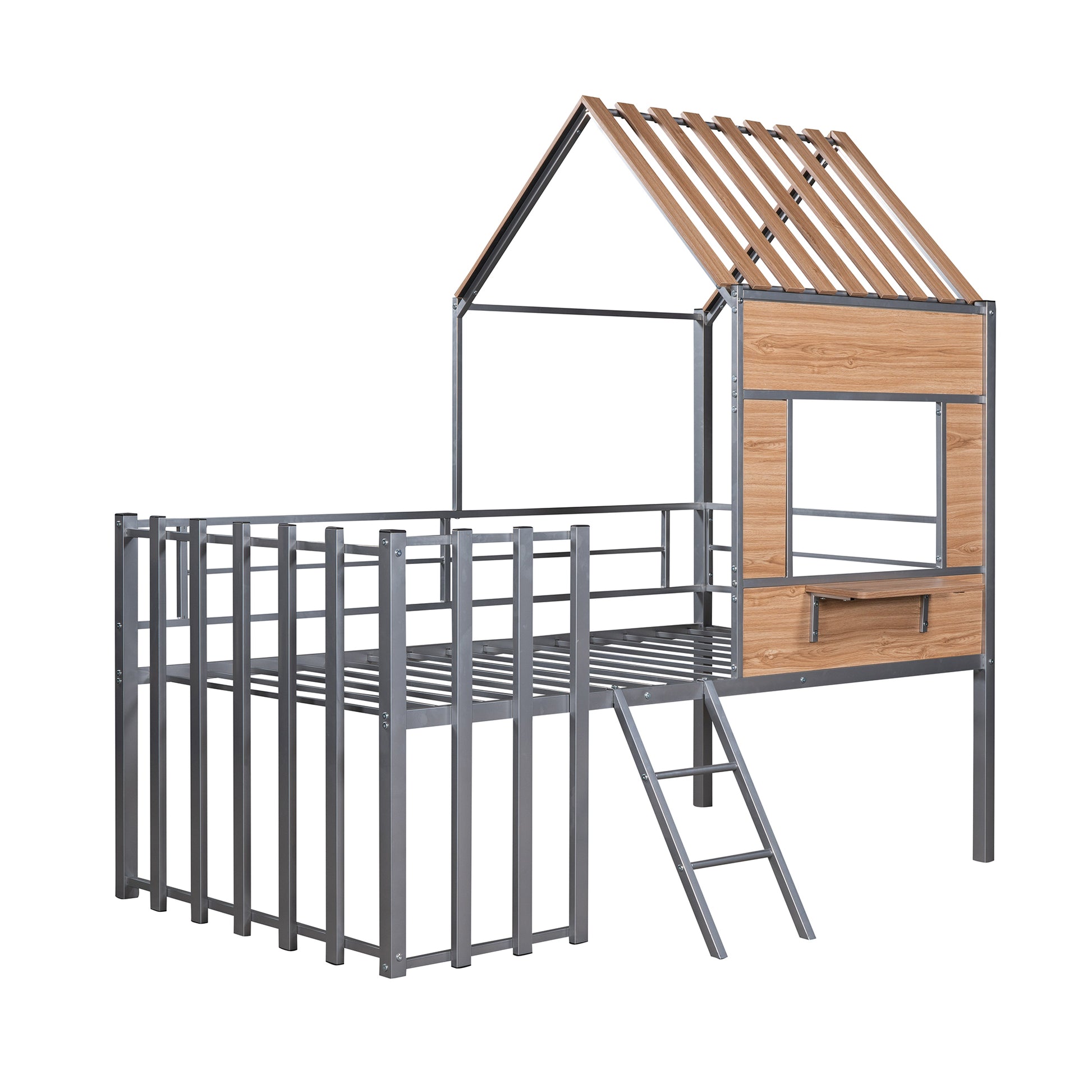 Metal Twin Size Loft Bed With Roof, Window, Guardrail, Ladder Silver Silver Metal