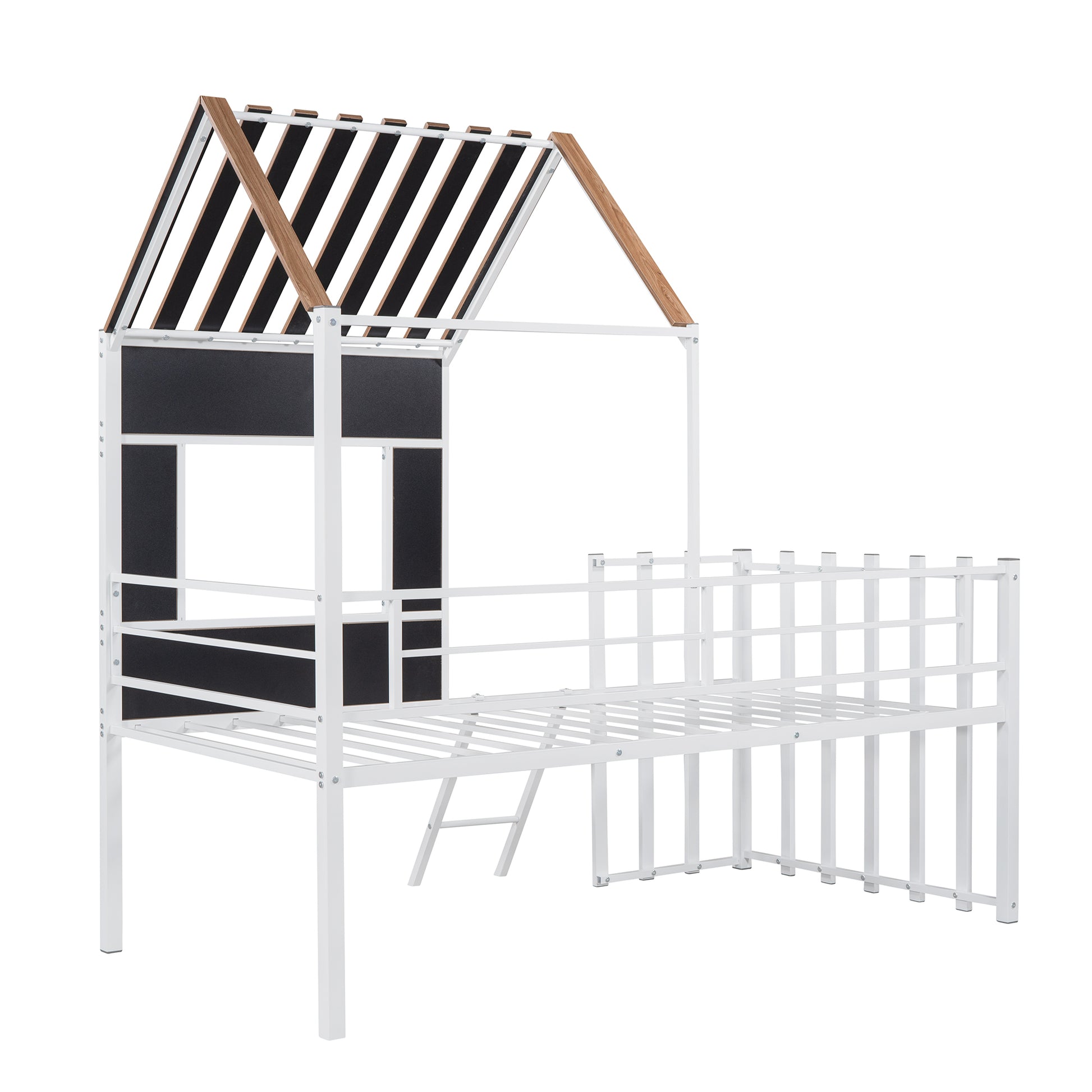 Metal Twin Size Loft Bed With Roof, Window, Guardrail, Ladder White White Metal