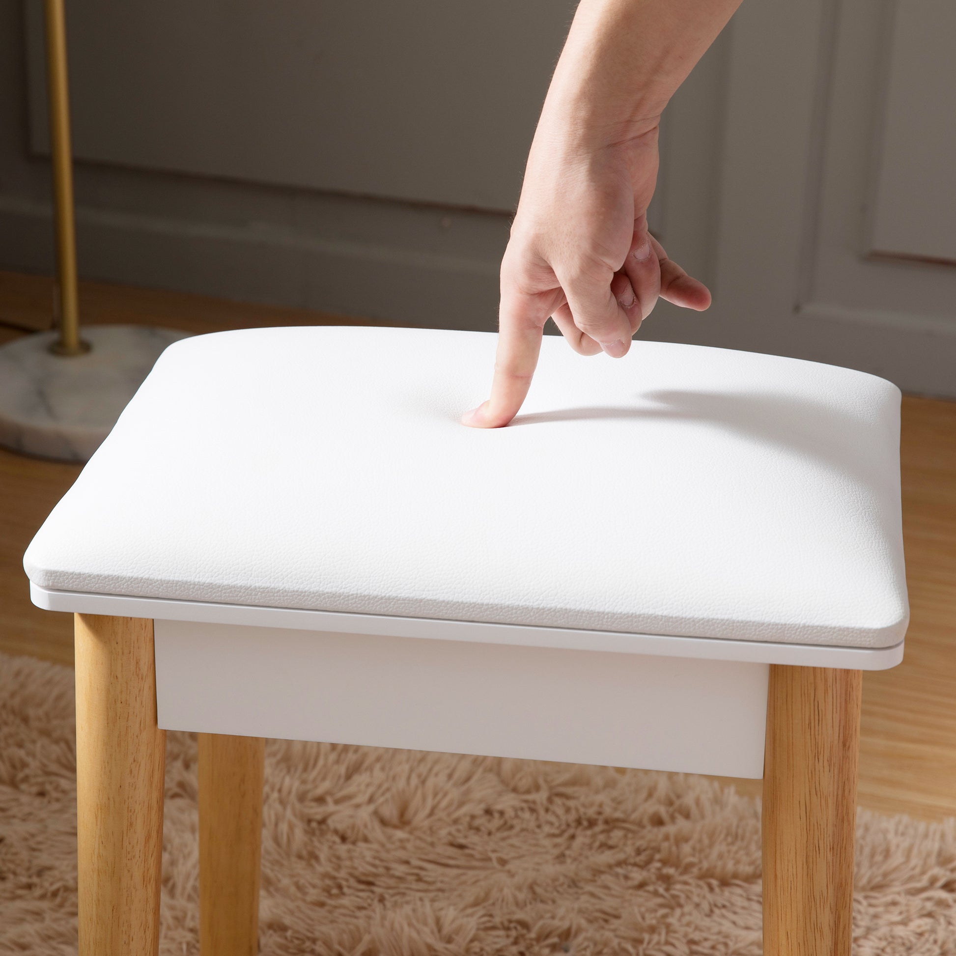 Wooden Vanity Stool Makeup Dressing Stool With Pu Seat,White White Mdf