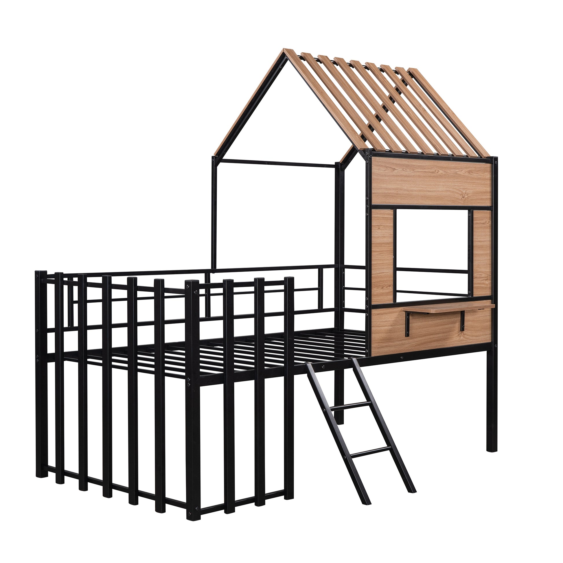 Metal Twin Size Loft Bed With Roof, Window, Guardrail, Ladder Black Black Metal