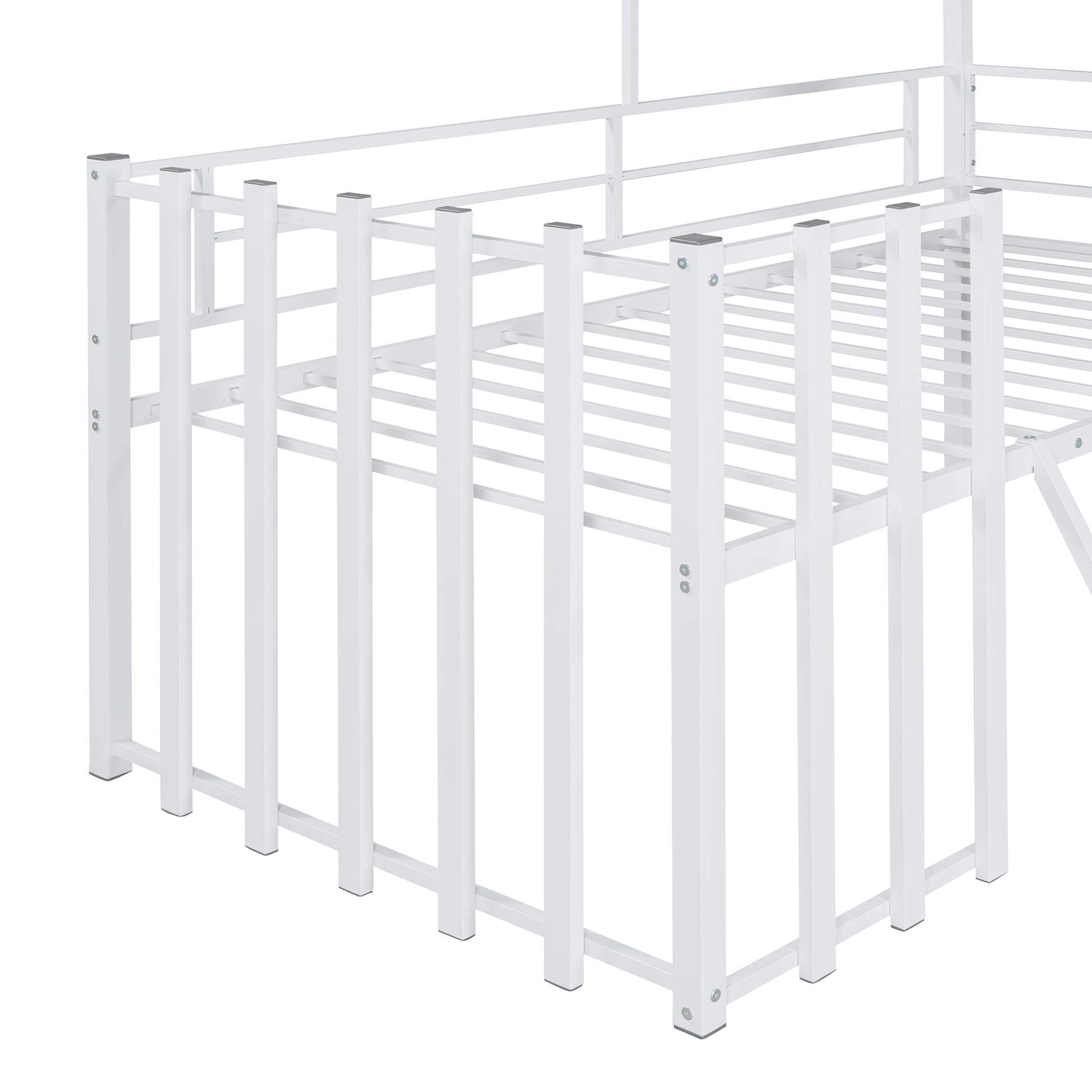 Metal Twin Size Loft Bed With Roof, Window, Guardrail, Ladder White White Metal