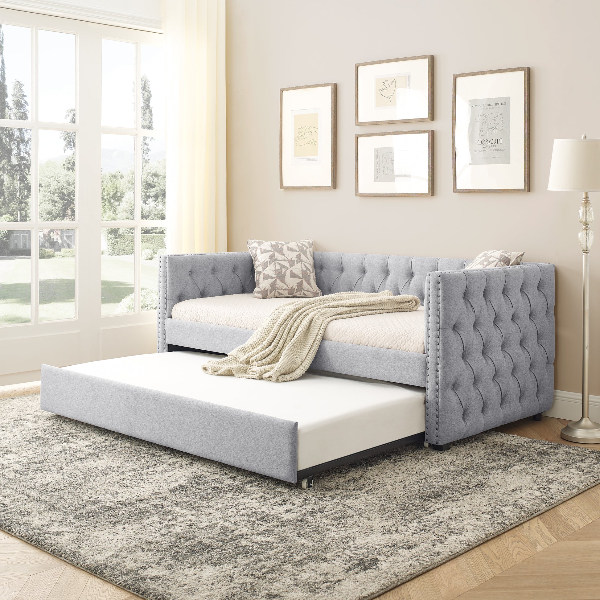 Daybed With Trundle Upholstered Tufted Sofa Bed, With Button And Copper Nail On Square Arms,Both Twin Size,Grey 85"X42.5"X31.5" Old Sku W487S00045 Grey Fabric