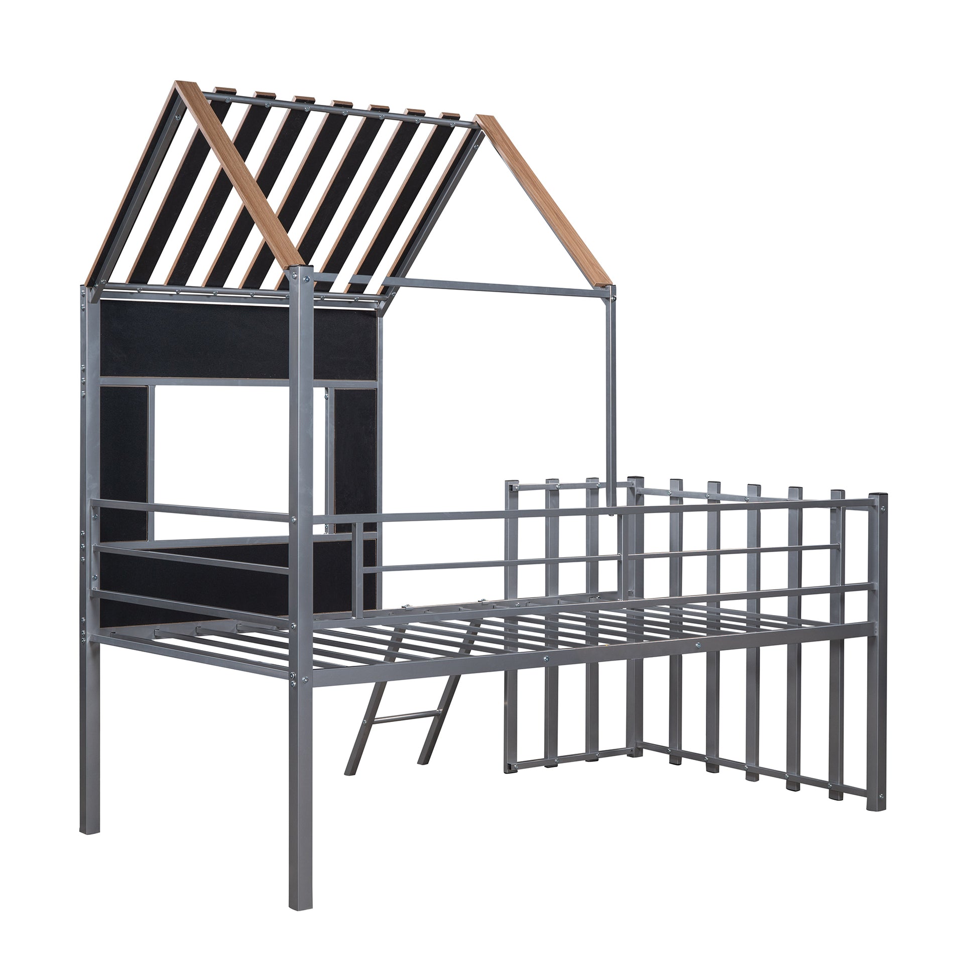 Metal Twin Size Loft Bed With Roof, Window, Guardrail, Ladder Silver Silver Metal