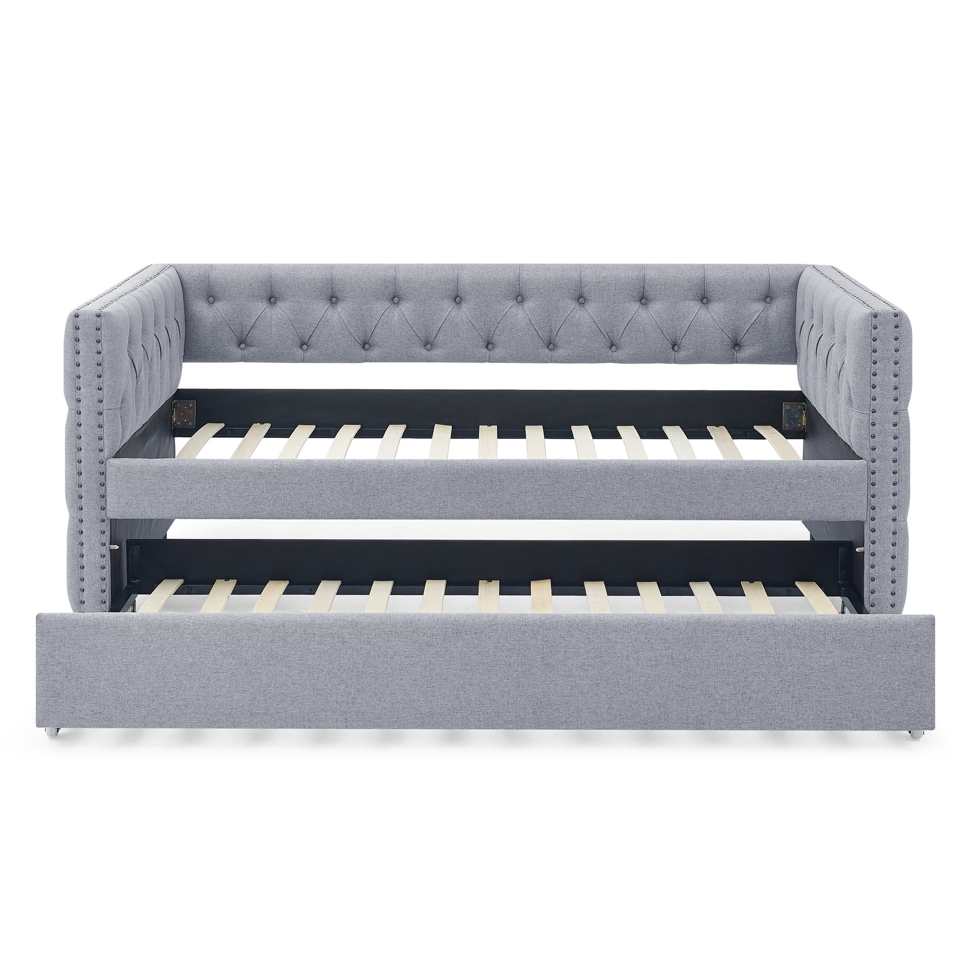 Daybed With Trundle Upholstered Tufted Sofa Bed, With Button And Copper Nail On Square Arms,Both Twin Size,Grey 85"X42.5"X31.5" Old Sku W487S00045 Grey Fabric