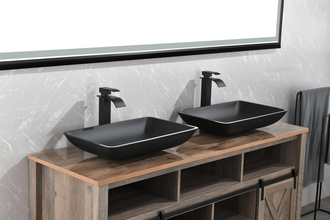 14.38" L 22.25" W 4 3 8 In. H Matte Shell Glass Rectangular Vessel Bathroom Sink In Black With Faucet And Pop Up Drain In Matte Black Matte Black Glass