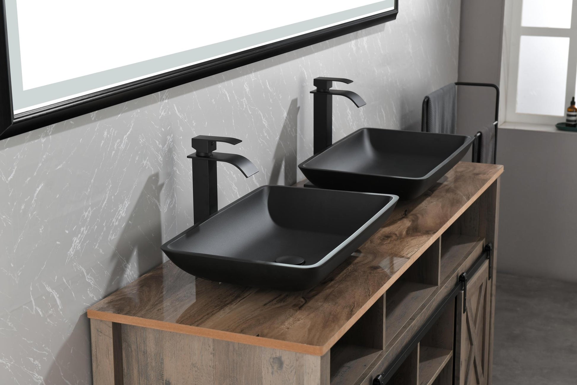 14.38" L 22.25" W 4 3 8 In. H Matte Shell Glass Rectangular Vessel Bathroom Sink In Black With Faucet And Pop Up Drain In Matte Black Matte Black Glass